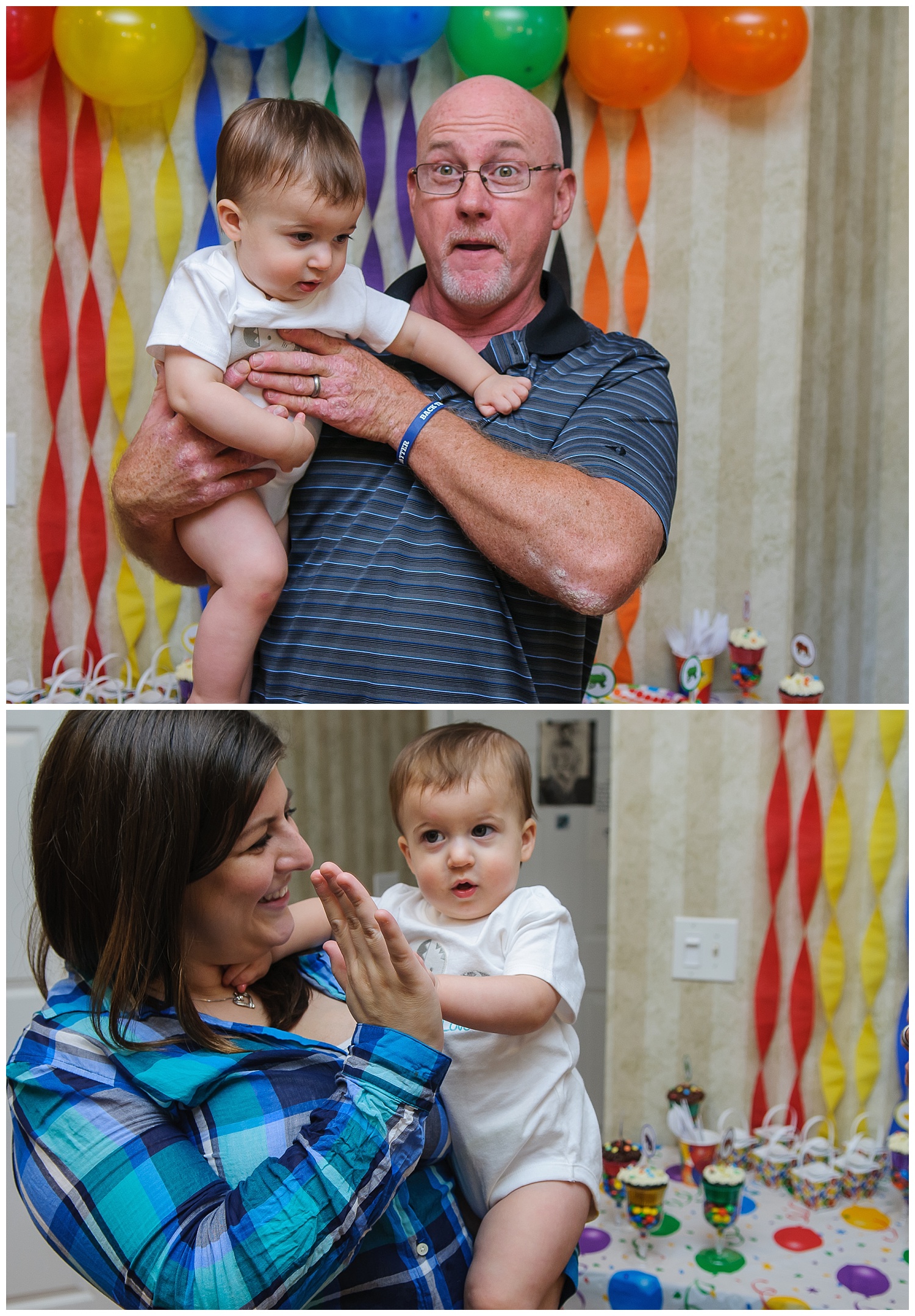 these are side by side images of the child taking photos with family. it is a photo of a child with his mom and the child with his grandfather.