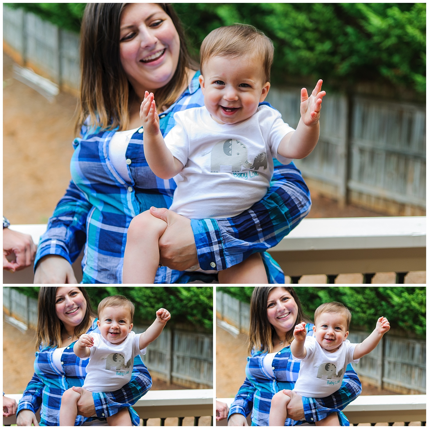 these are images of mom and the child on the balcony singing songs and the child waving his arms in the air and smiling.