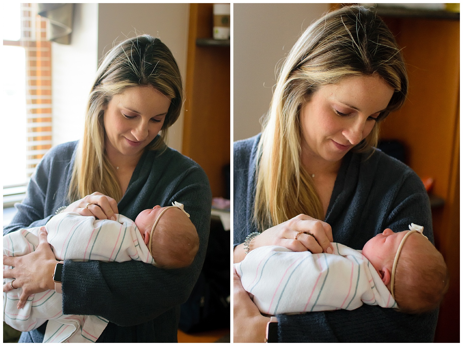 these are side by side images of a mother holding her newborn baby girl at a fresh 48 session in atlanta georgia