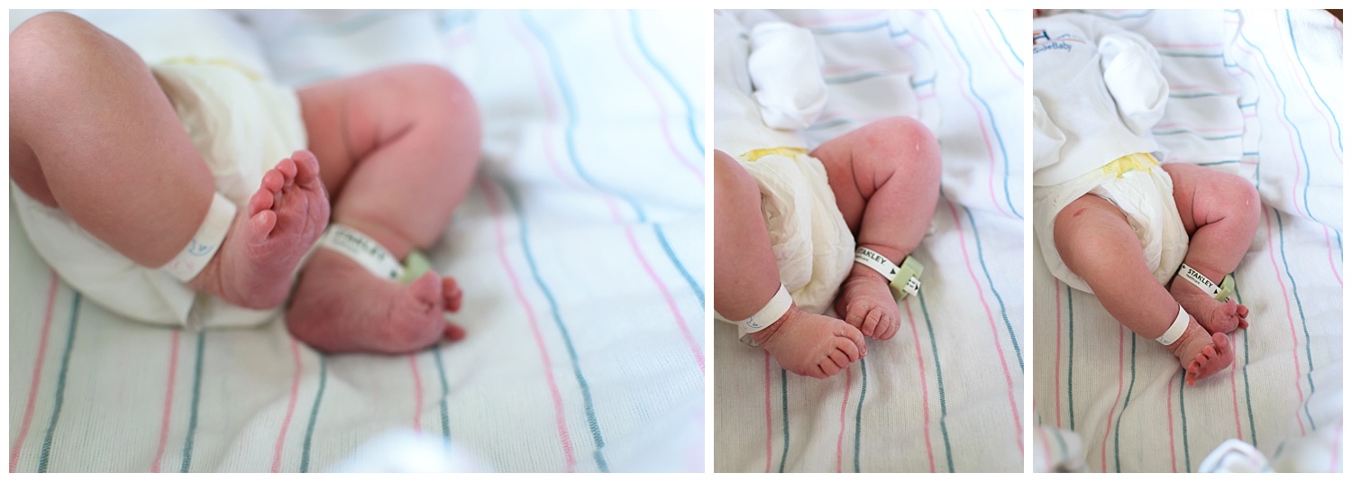 this is a collage of images of a newborn baby girl's feet as she is sleeping in a hospital bassinet in atlanta georgia