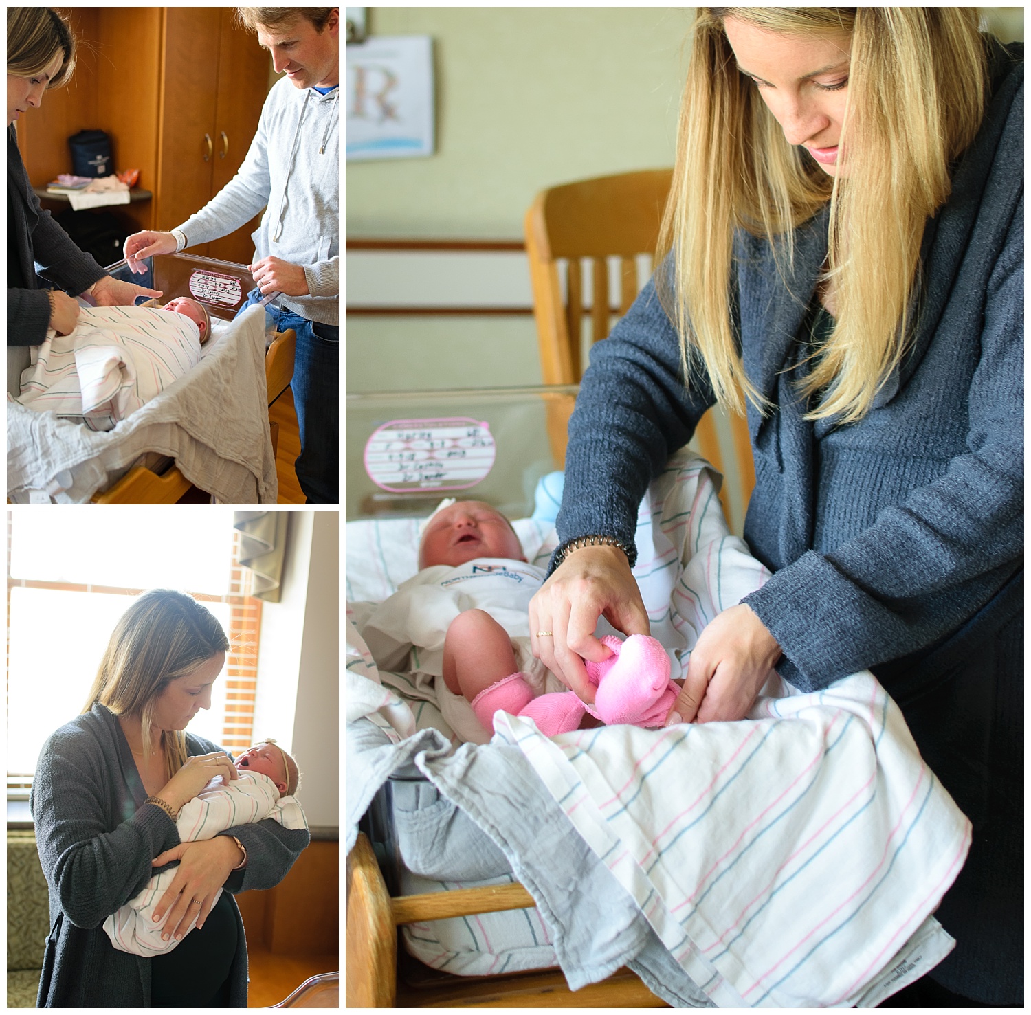 these are images of a mother dressing her newborn baby girl in the hospital room during a fresh 48 newborn session