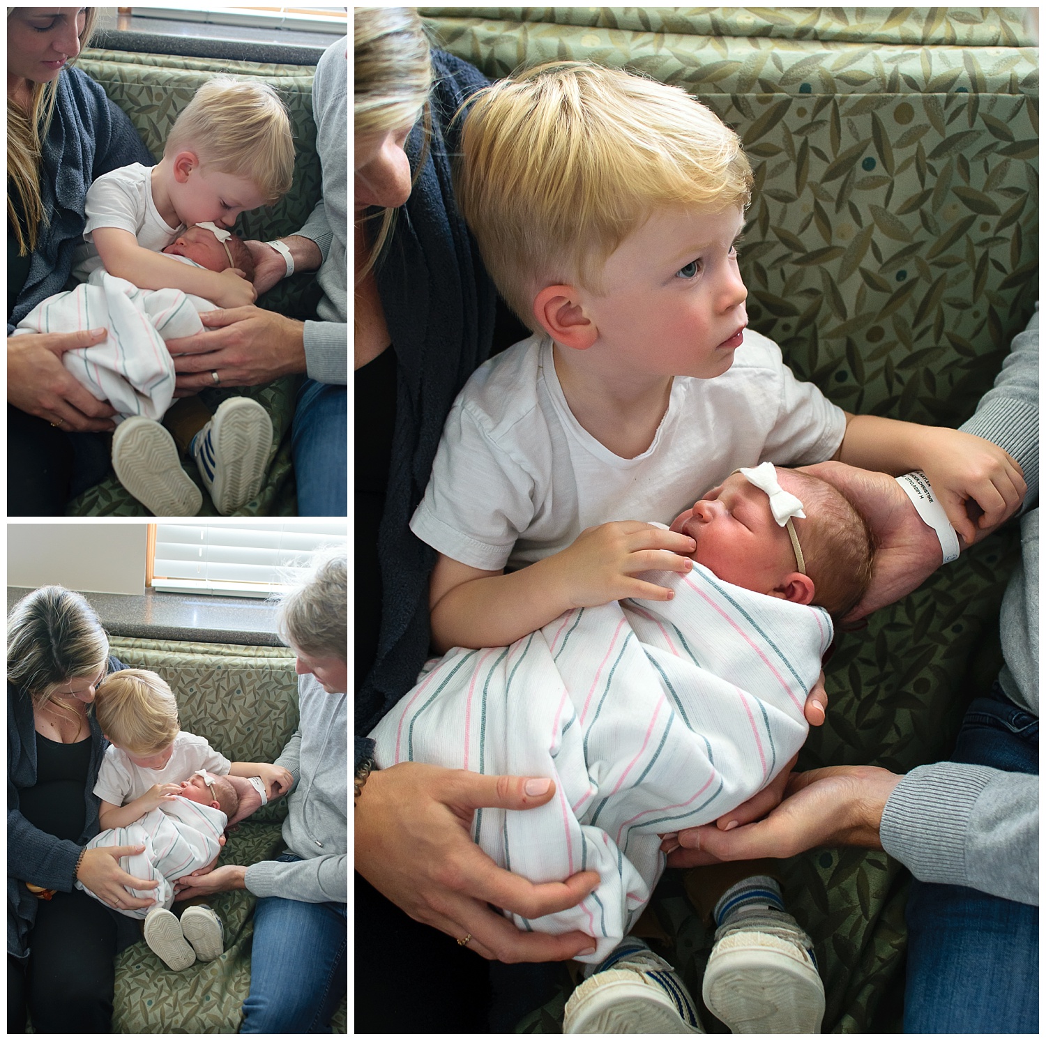 these are images of a toddler brother welcoming his new baby sister and holding and kissing her on the face as he holds his baby sister