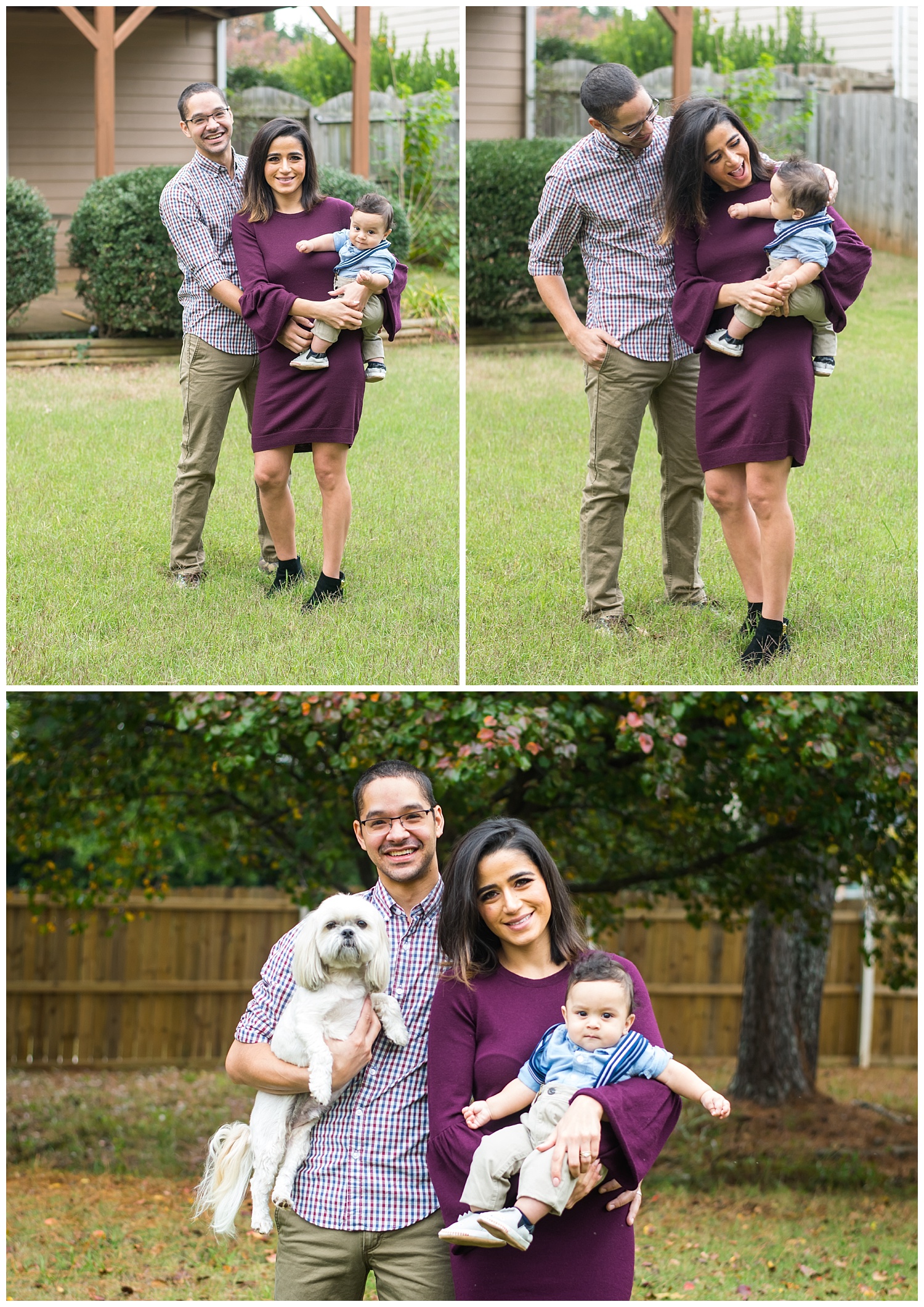 this is a collage image of a family of three- a mother, father, and their six month old baby boy in marietta georgia