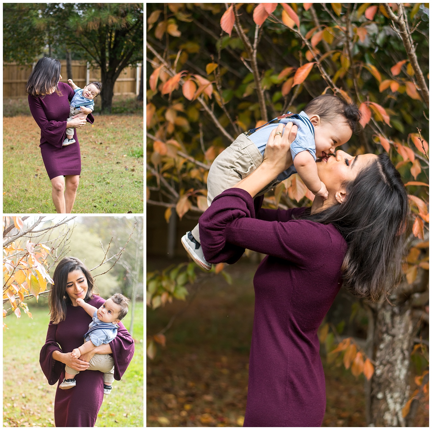 these are candid images of mom holding her baby boy outside and walking, looking at the trees, and kissing. these were taken during an in home lifestyle session in marietta, georgia.