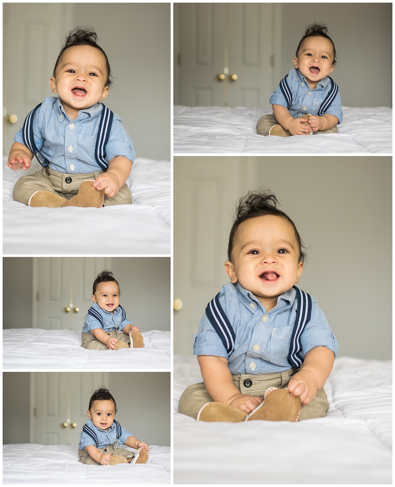 these are a collage of images of a six month old baby boy sitting up on the bed in a suspenders outfit.