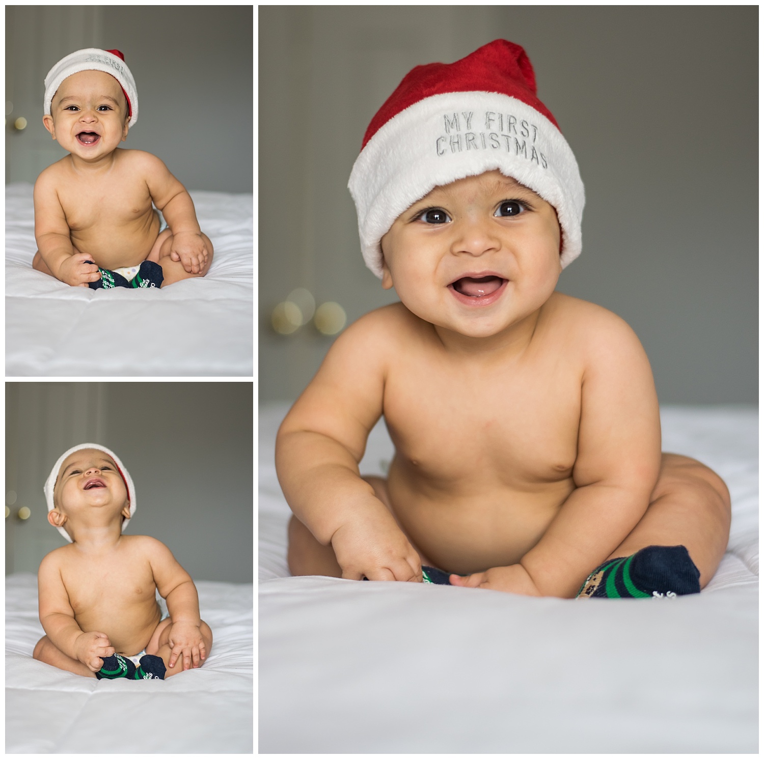 this is a collage of images of a six month old baby boy sitting on the bed and wearing a christmas hat.