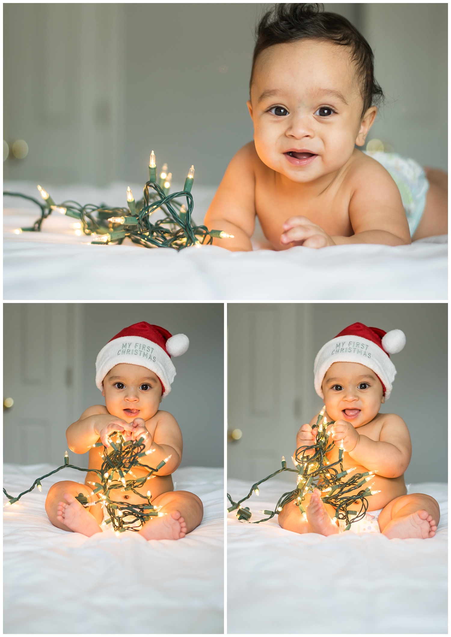 these are images of a six month old wearing a christmas hat and playing with christmas lights on the bed