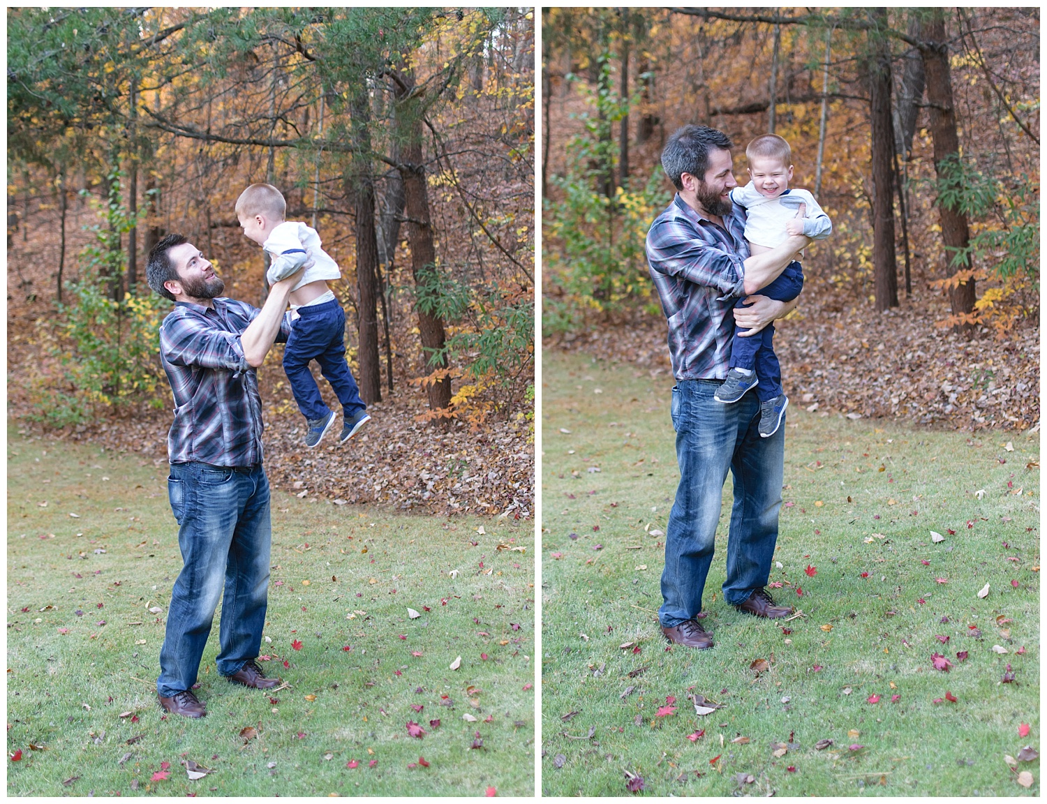 these are images of a dad holding his toddler son up and playing and hugging him in the frontyard. 