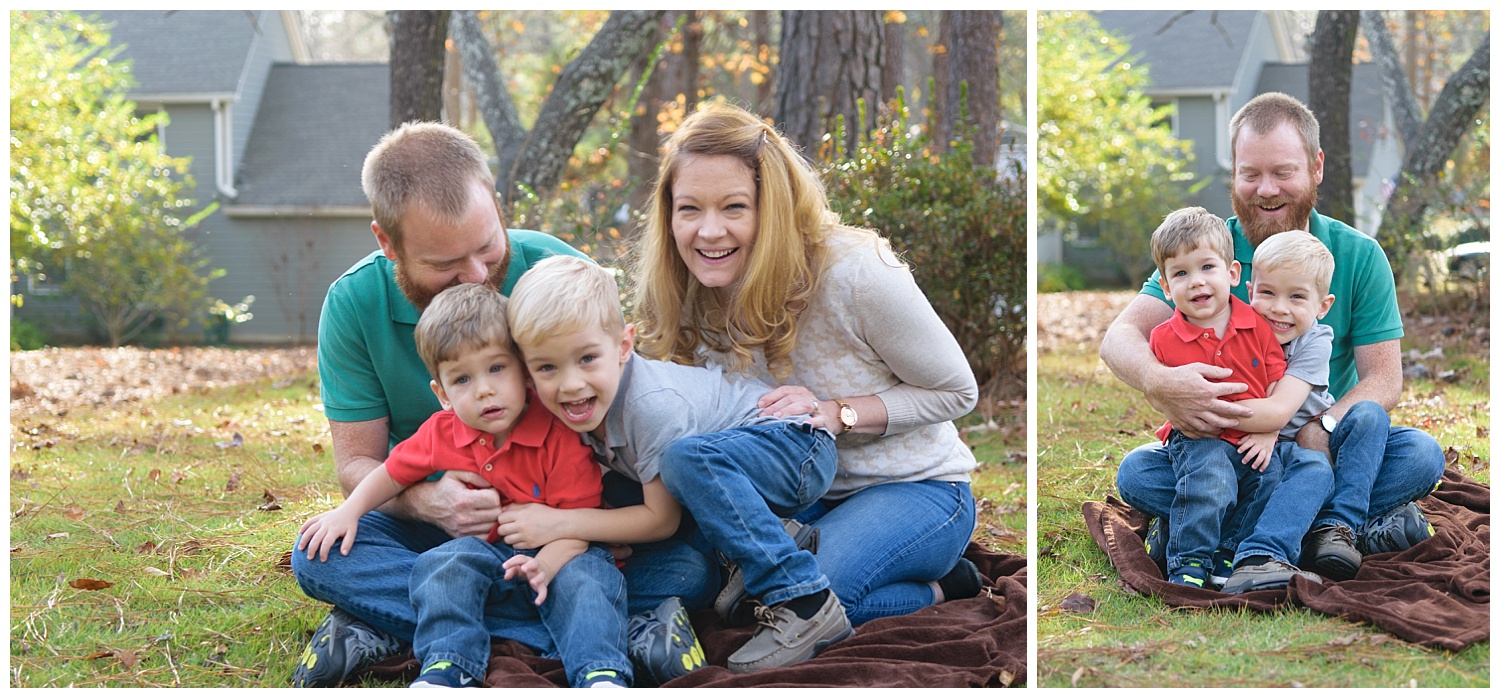 these are images of a lifestyle family session in lilburn georgia. the family is sitting on a blanket outside and hugging one another