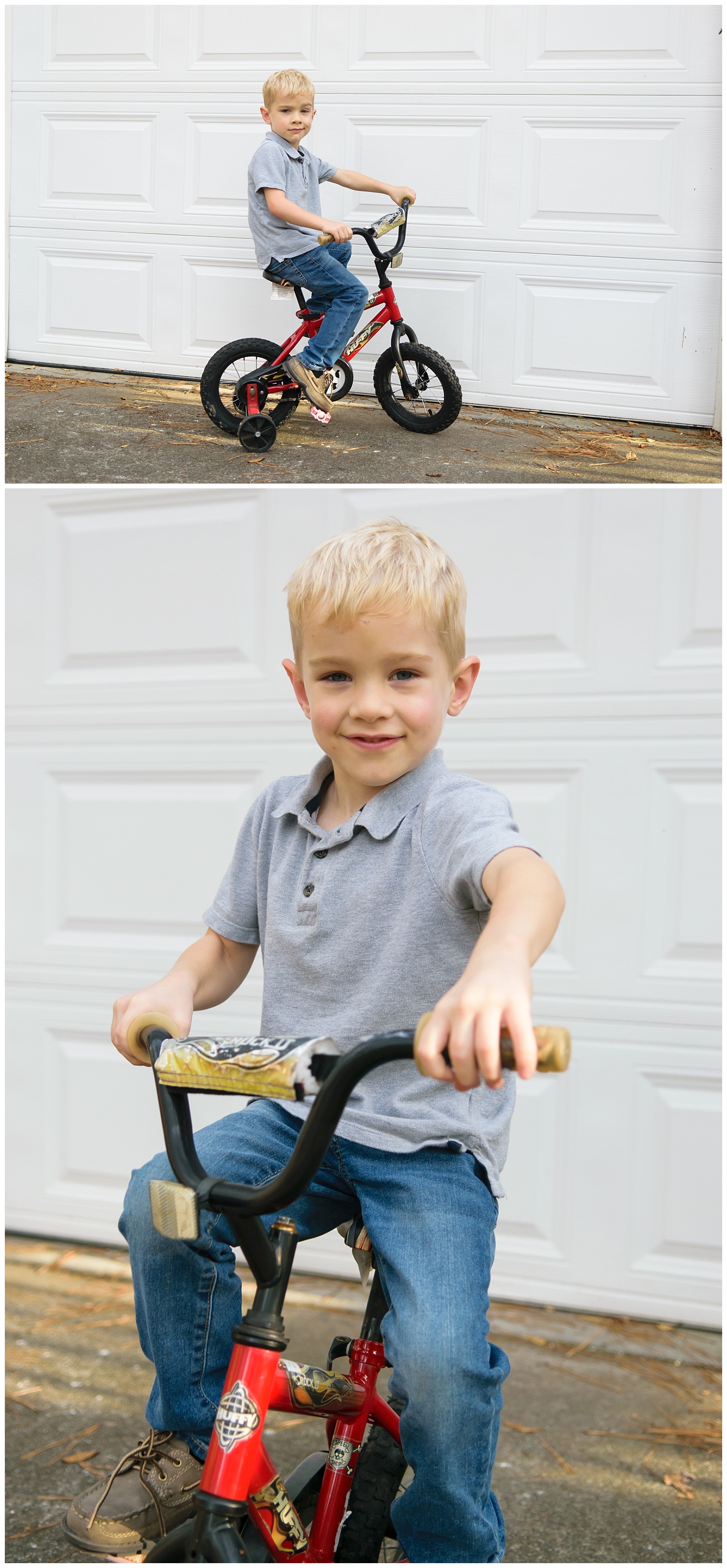 these are images of a young boy sitting on his bike in front of the family's garage in lilburn georgia. the images were taken during an in home lifestyle family session.