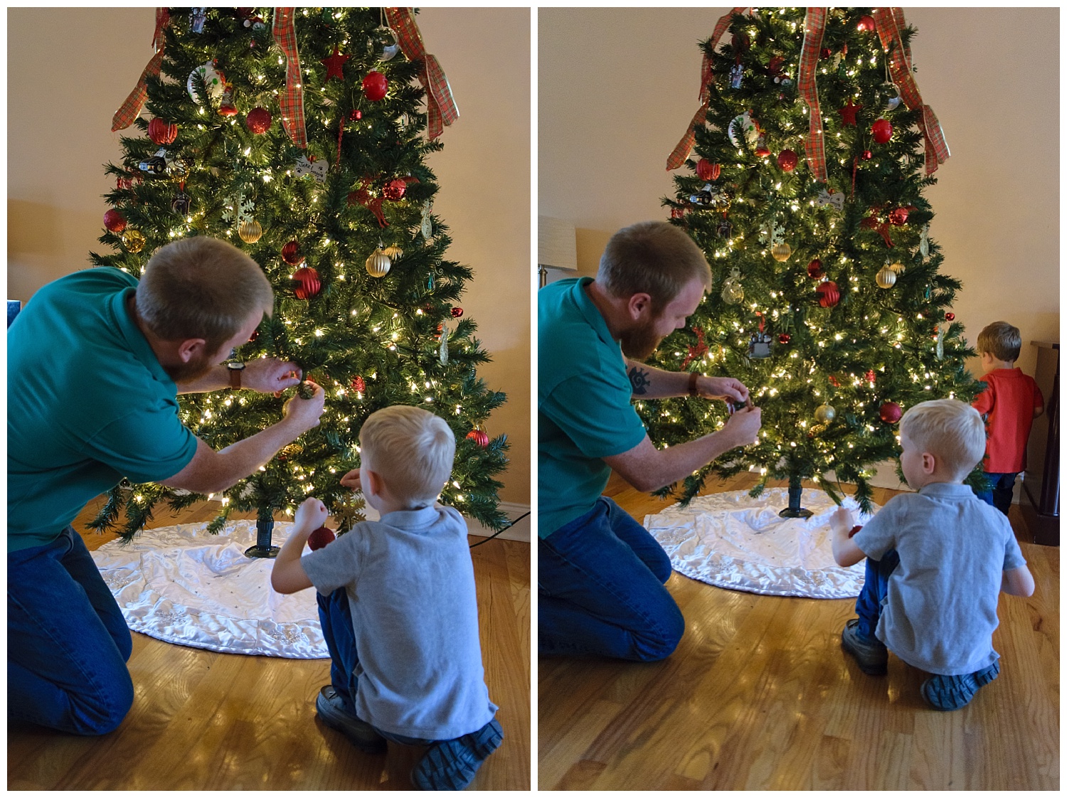 these are images of a dad showing his son ornaments on the family's christmas tree. the images were taken indoors during a lifestyle family session.