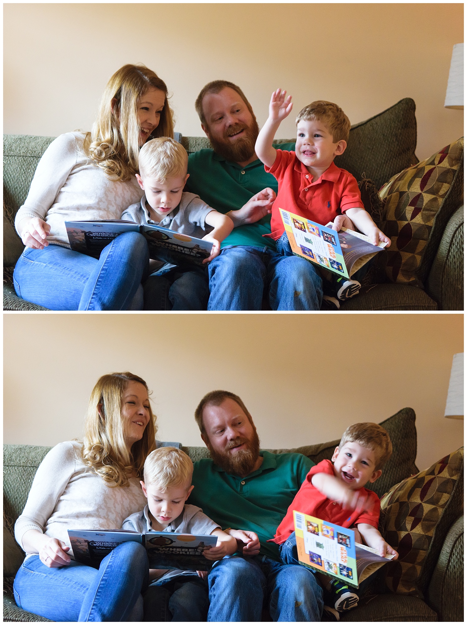 these are images of a family sitting on the couch reading books together during an in home lifestyle family session.