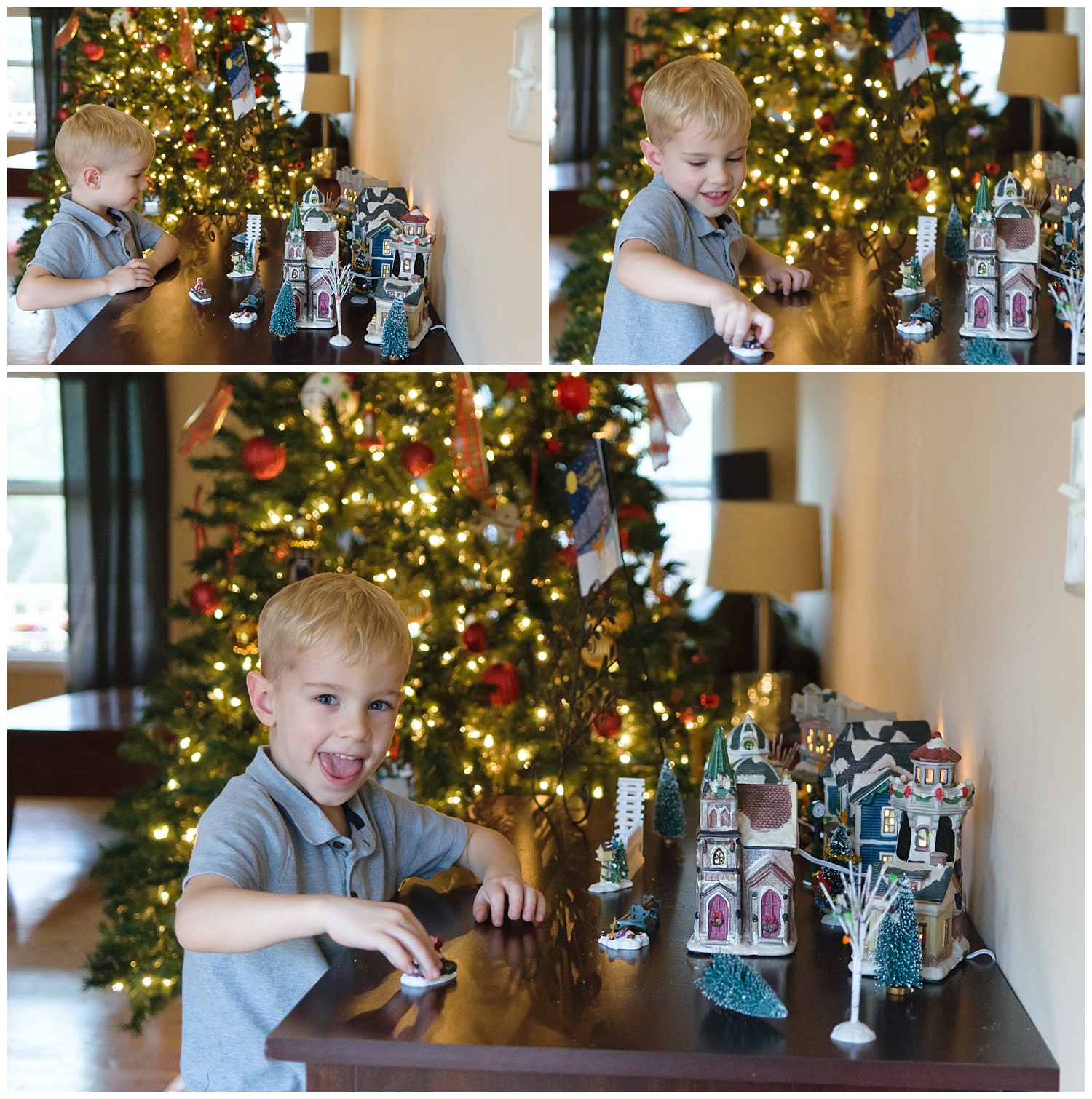 these are images of a young boy looking at the family's christmas village ornaments. the images were taken indoors during a lifestyle family session in lilburn, georgia.