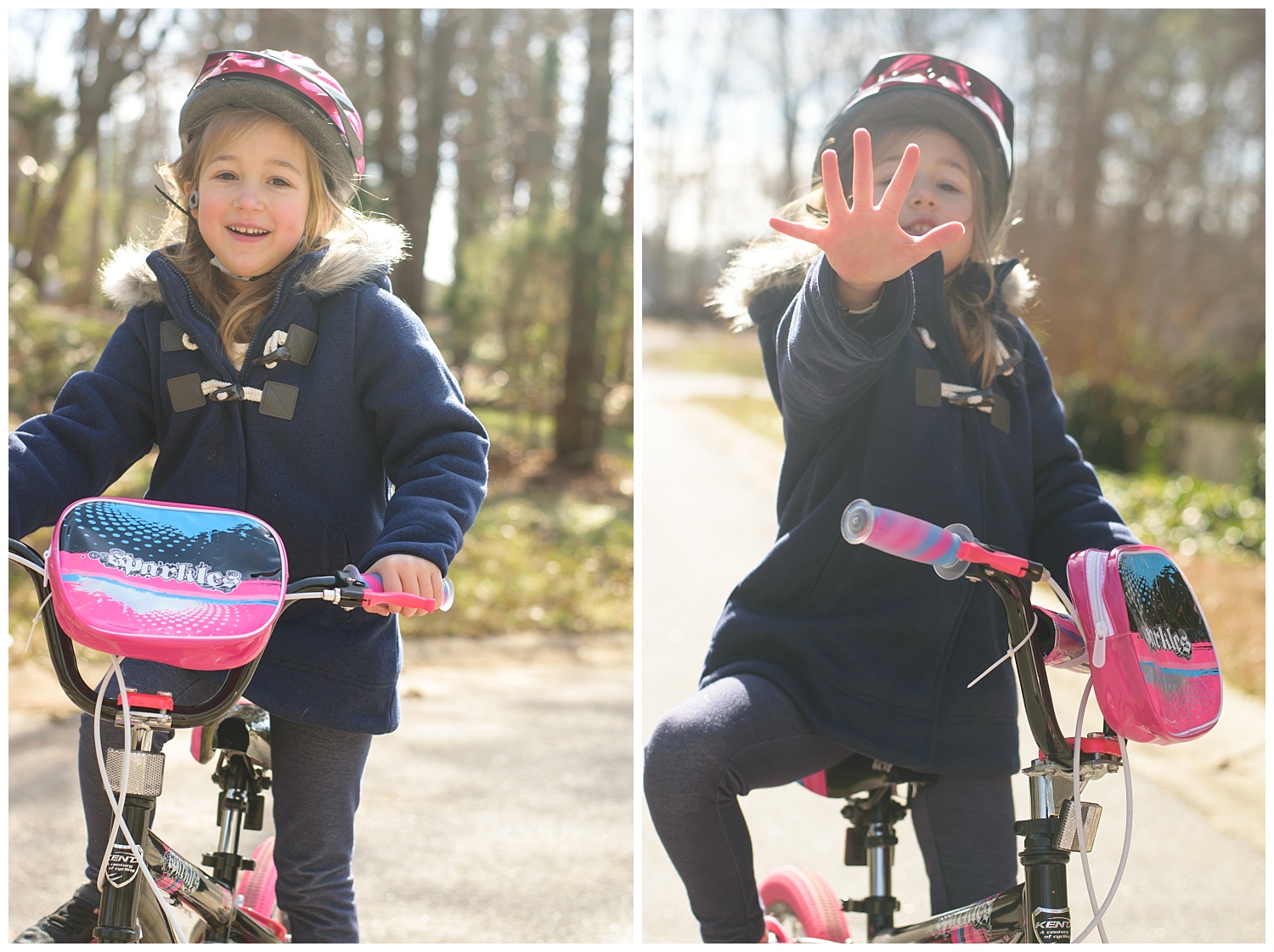 these are side by side images of a young girl riding her bike in the family's frontyard. the images were taken during a lifestyle family session in dallas, georgia.