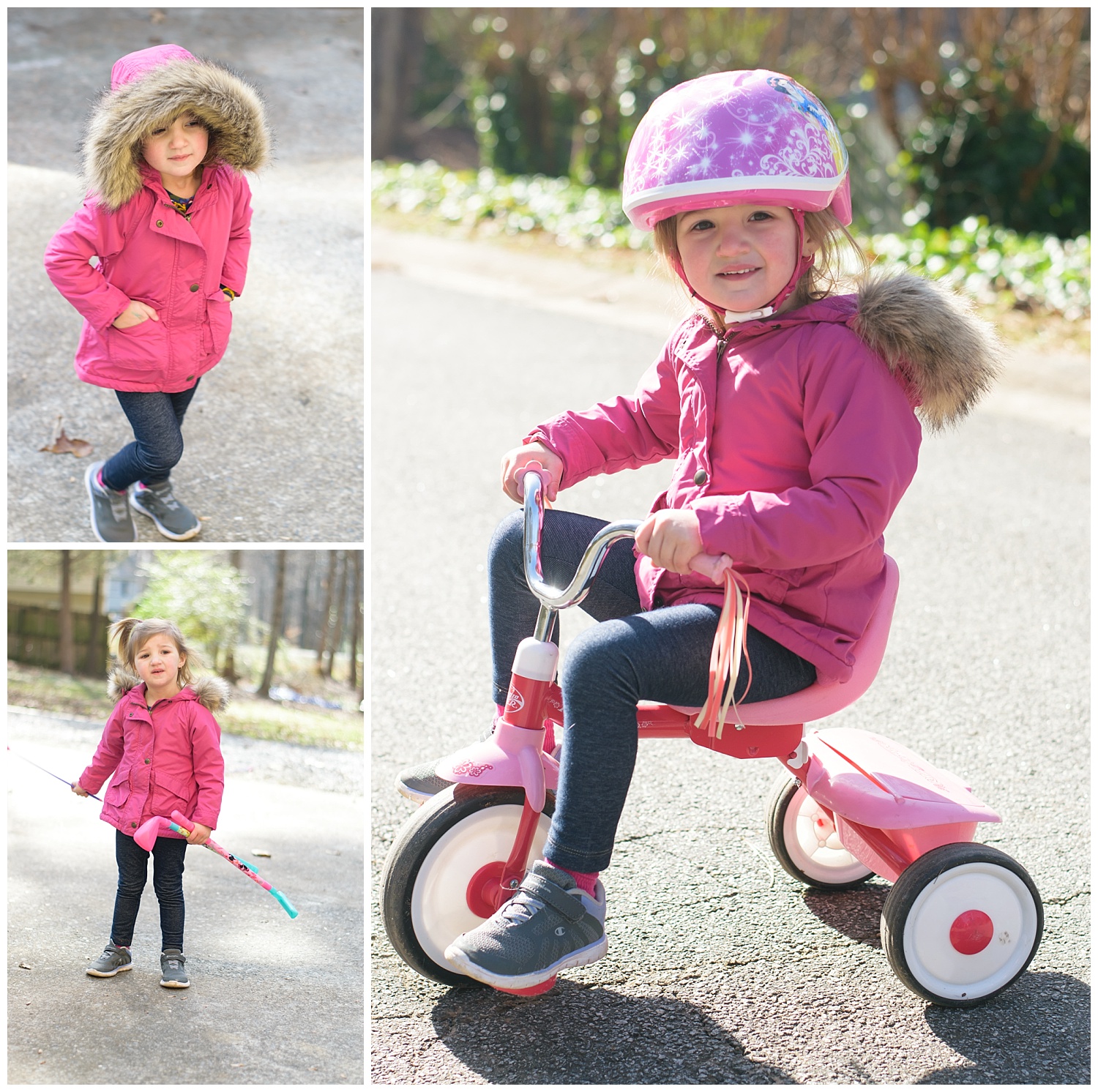 these are side by side images of a toddler young girl on her new bicycle. these images were taken during an in home lifestyle family session in dallas, georgia.