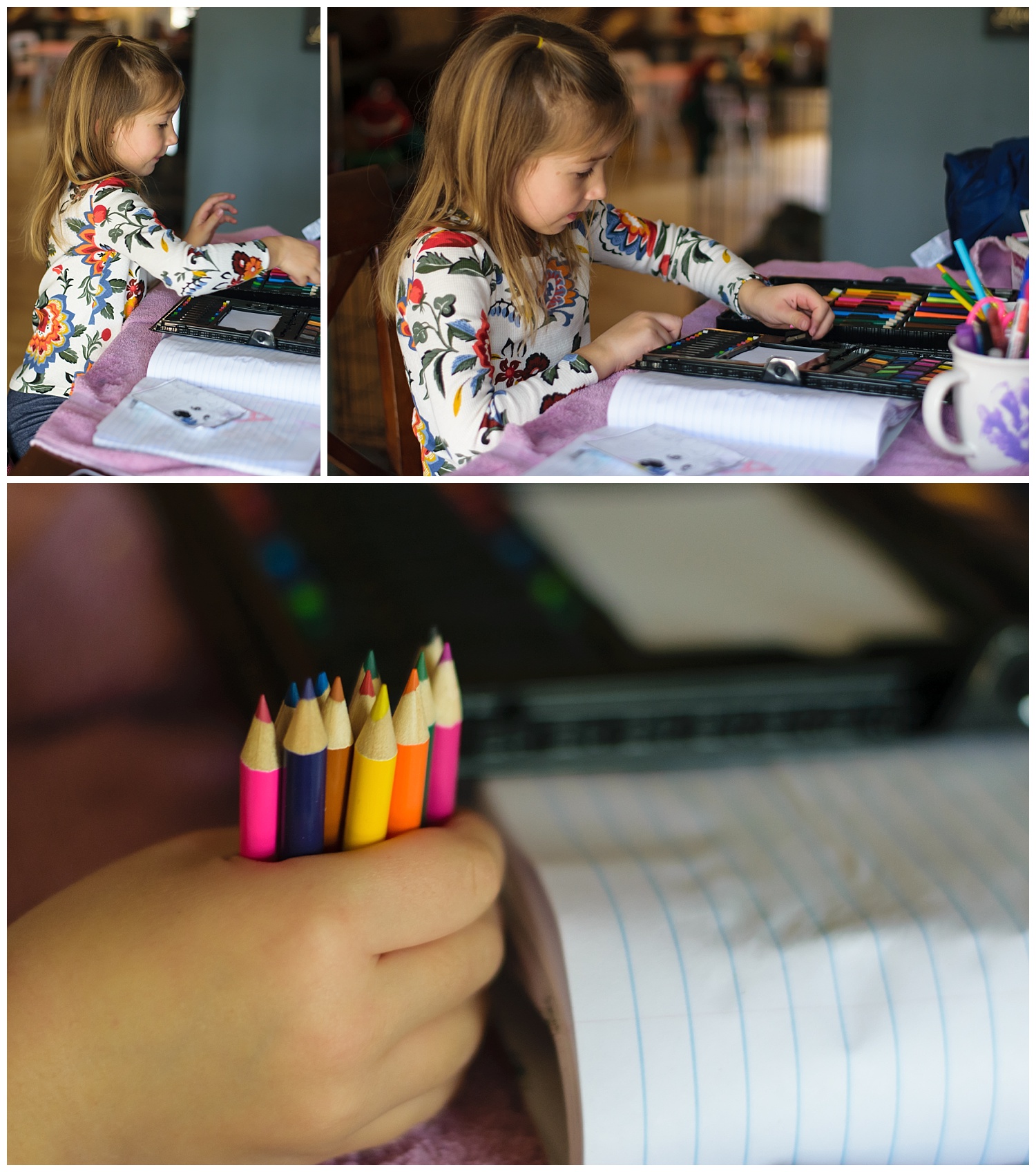 these are images of a girl inside sitting and coloring at the table. 