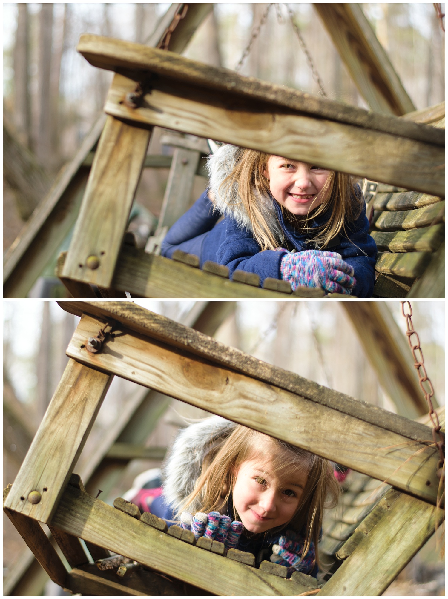 these are images of a young girl during a family lifestyle holiday session in dallas georgia. the girl is laying on a bench swing in the family's backyard and smiling at the camera.