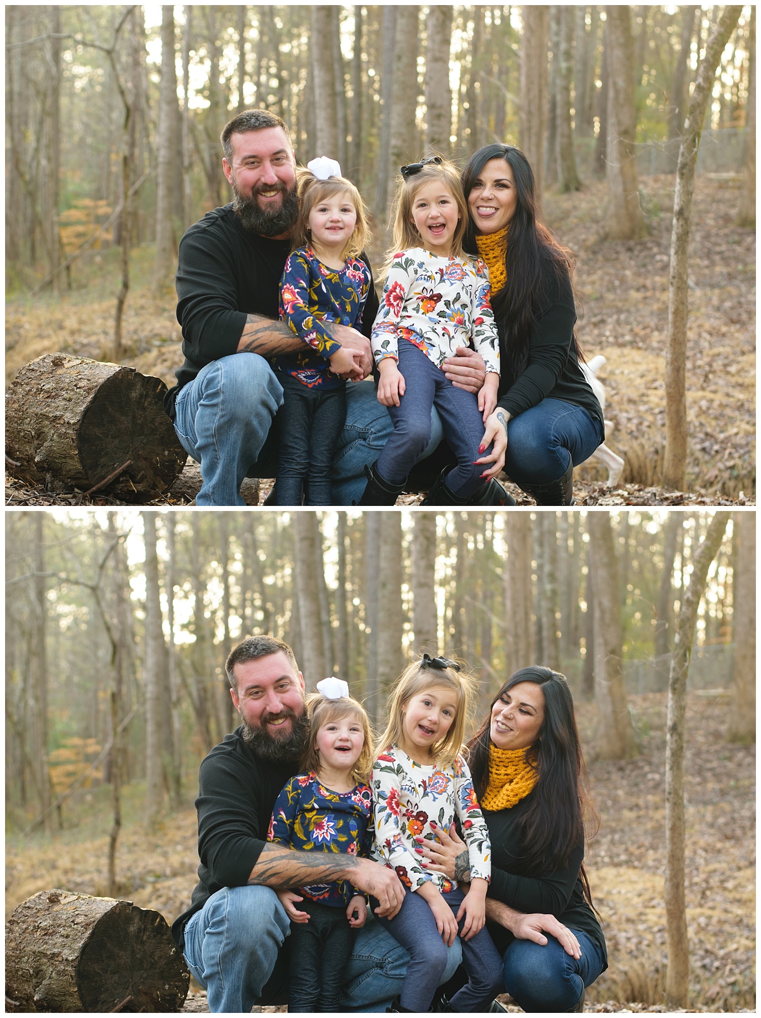 these are images of a family during a lifestyle family session. they were taken in the family's backyard and everyone is smiling.