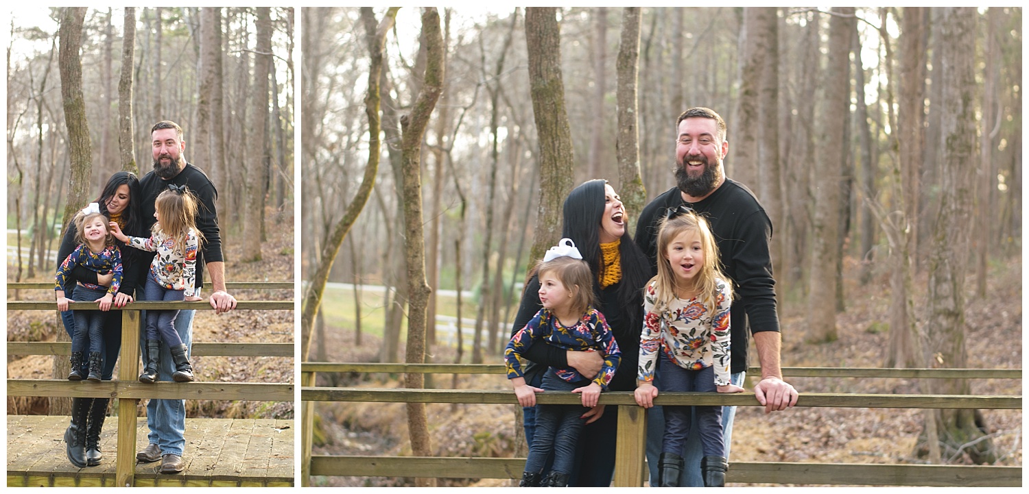 these are images of a family on a bridge in the family's backyard. the images were taken during an in home lifestyle family session during the holidays in dallas, georgia.