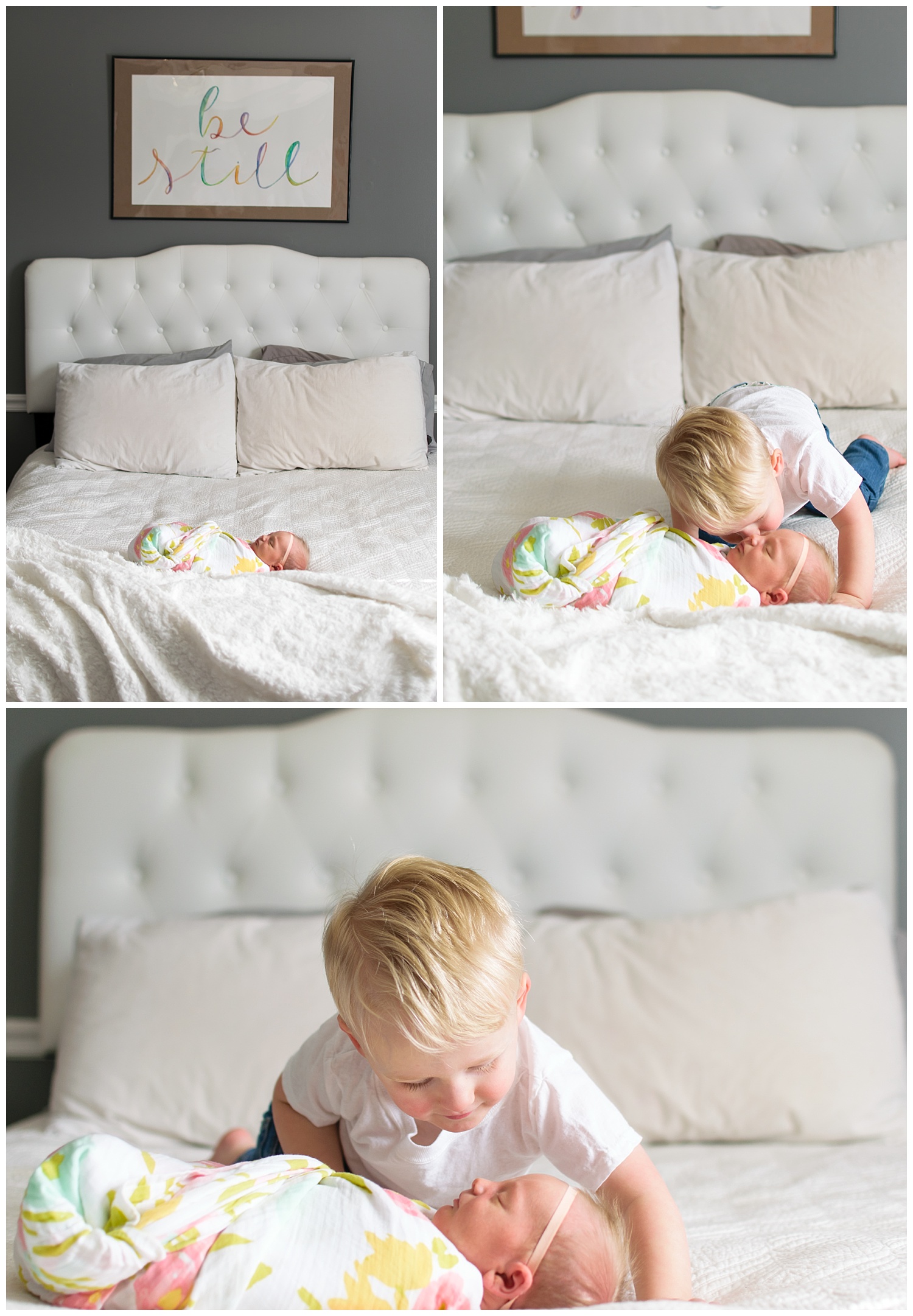 these are images from an in home lifestyle newborn session. the newborn baby girl is laying on the bed in a swaddle and her big brother is kissing her on the cheek.