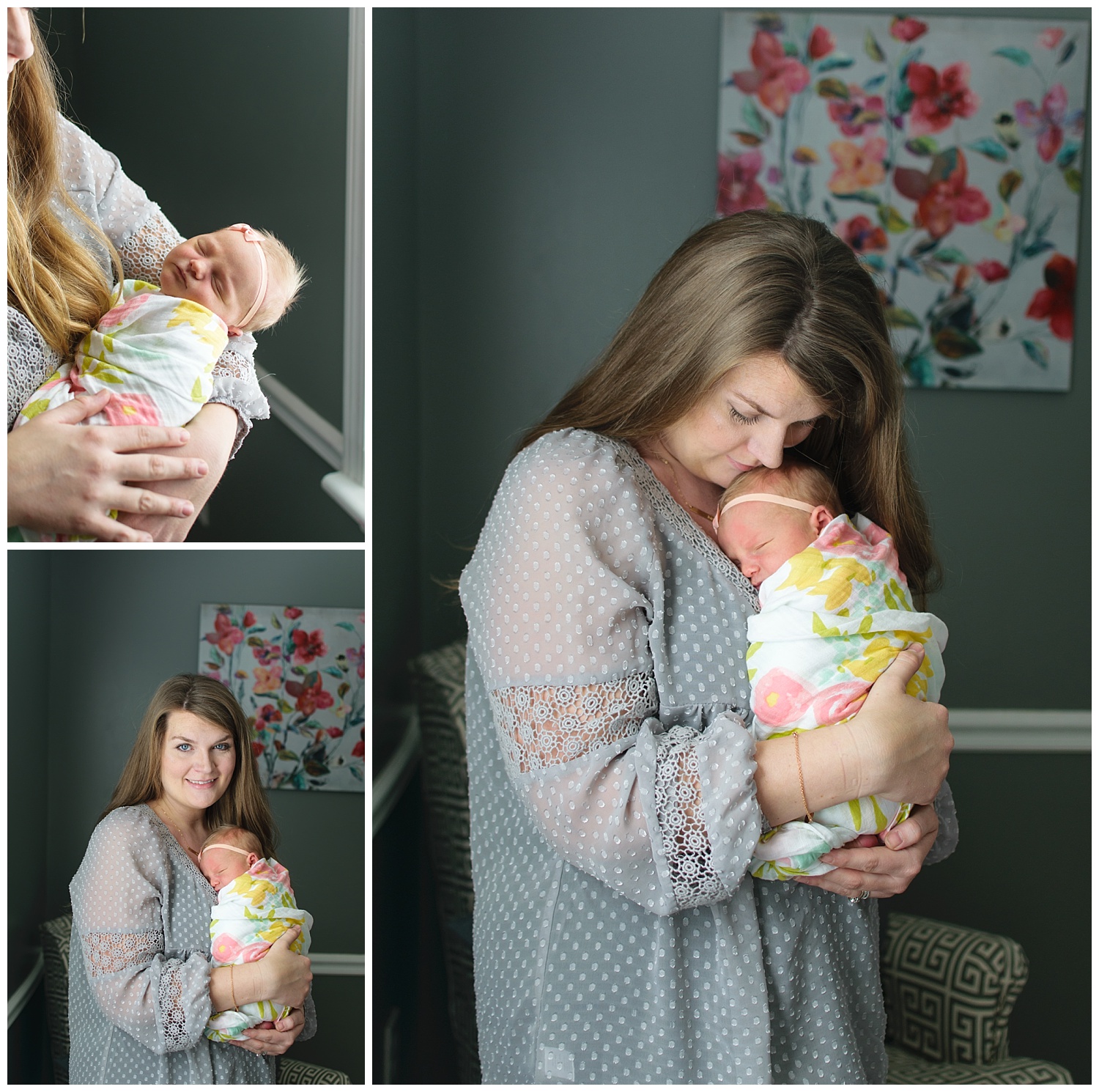 these are images taken during an in home lifestyle newborn family session. mom is holding the newborn baby girl against her chest and standing next to the window.