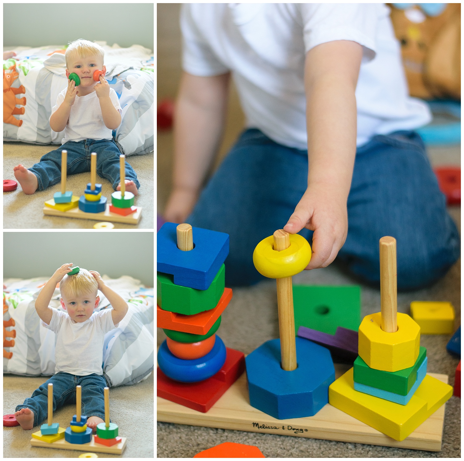 these images were taken during an in home lifestyle family session. the photos were taken in the young boy's room and the young boy is playing with blocks.