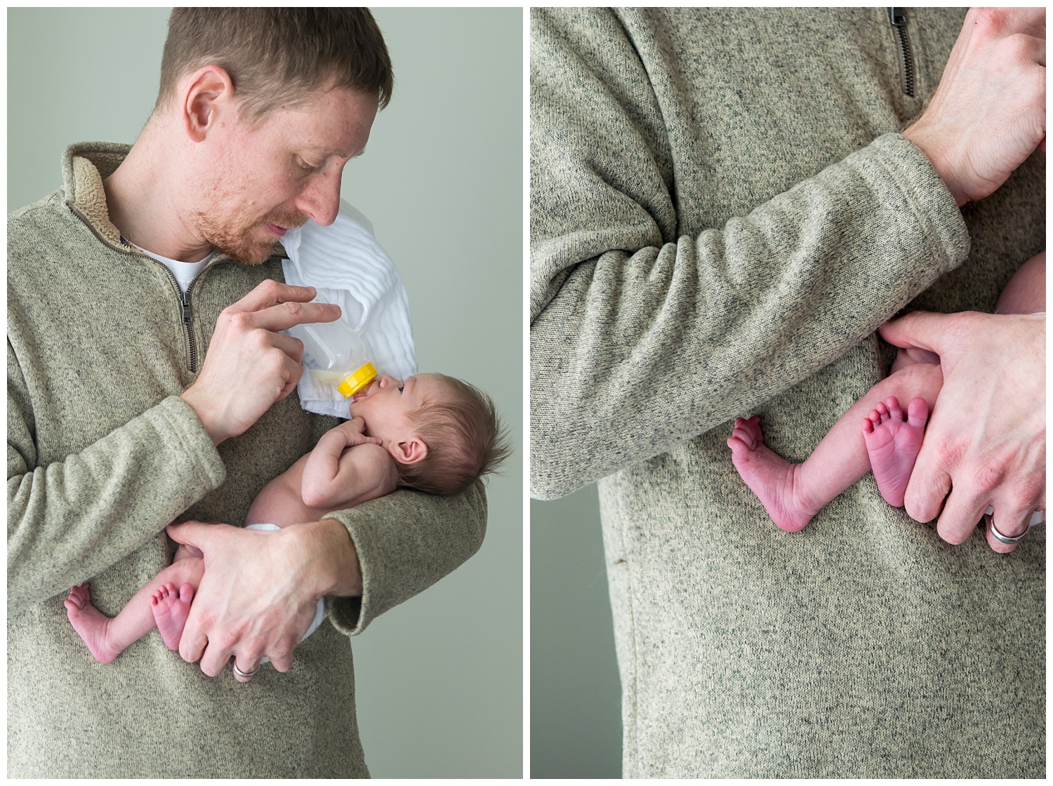 these are side by side images of a father and his newborn baby girl during an in home lifestyle newborn session in atlanta, georgia. dad is holding the baby and feeding her with a bottle.