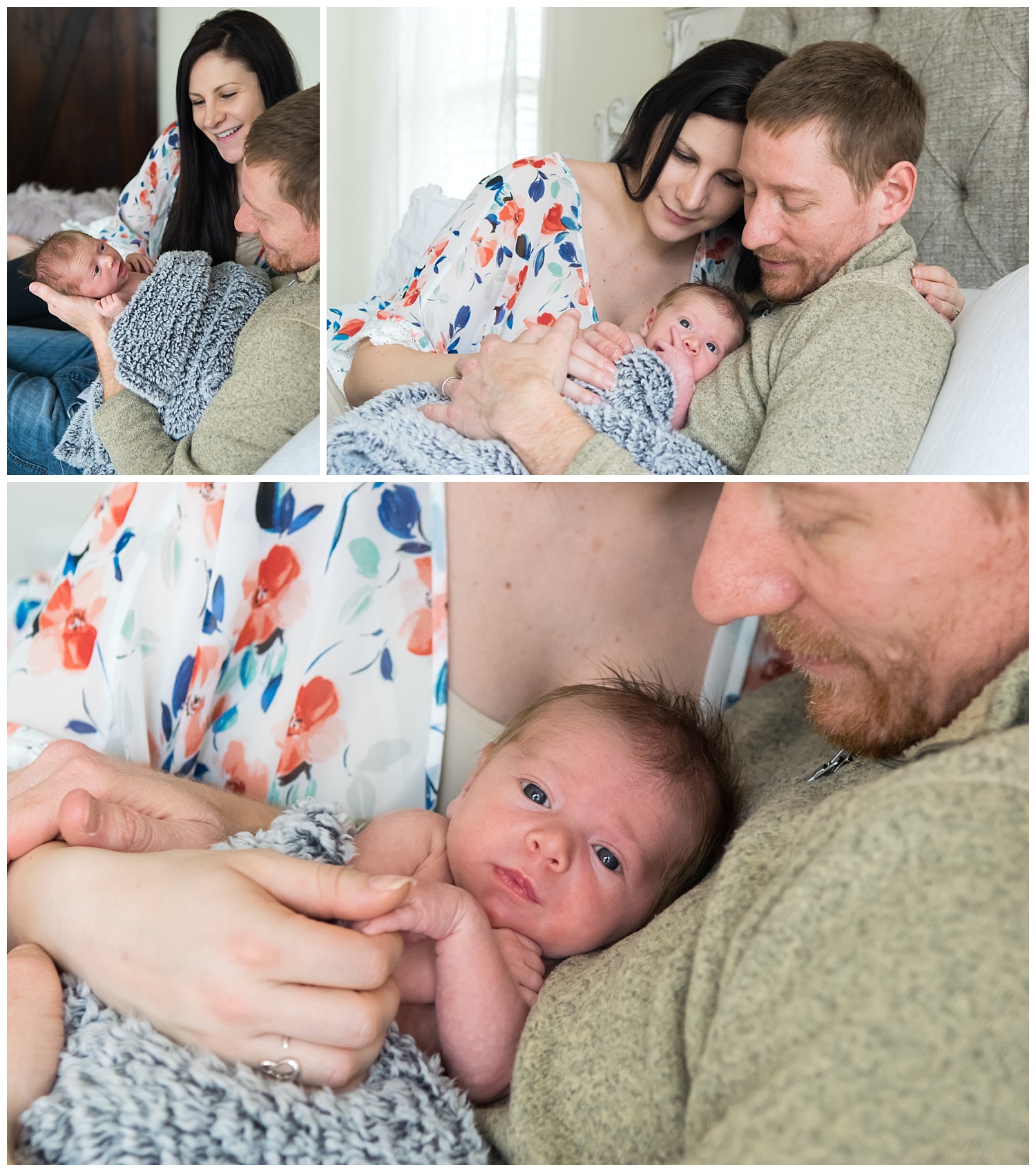 these images were taken during an in home lifestyle newborn family session. mom, dad, and the baby girl are laying on the bed and mom and dad are holding the baby.