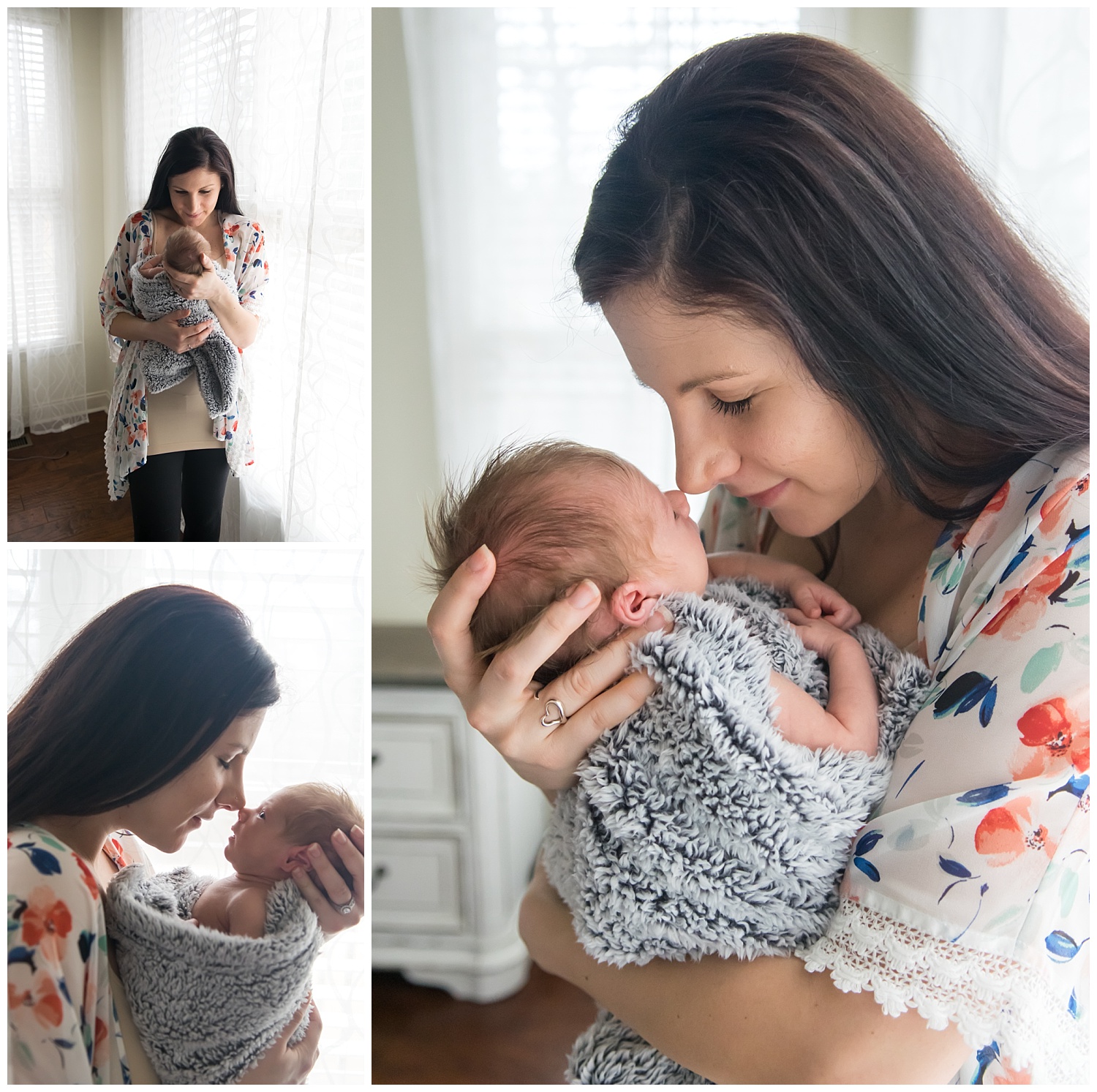 these are images taken during an in home lifestyle newborn family session. mom is holding the newborn baby girl next to the window and giving her kisses.