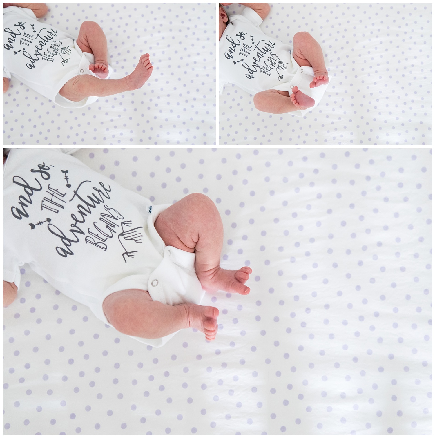 these are overhead images of a newborn baby girl laying in her crib. the focus is on the newborn baby girls' legs and feet. the images were taken during an in home lifestyle newborn session.