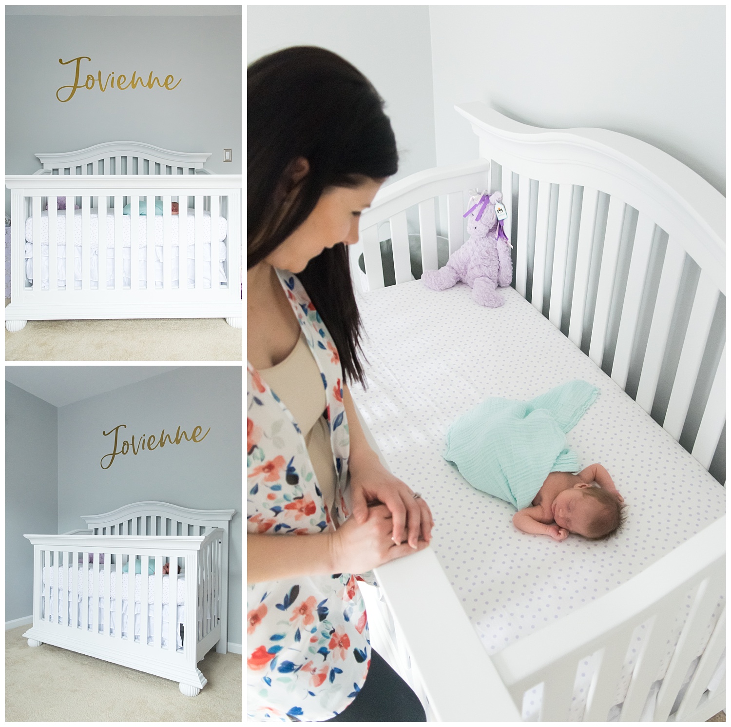 this is an image taken during an in home lifestyle newborn session. the newborn baby girl is sleeping in her crib and mom is looking at the baby and smiling.