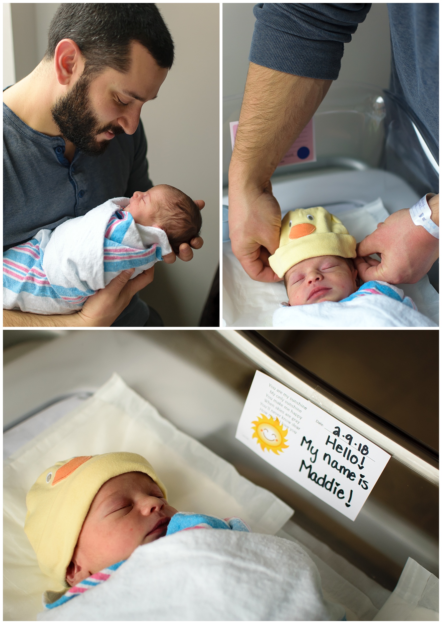 these images were taken during a fresh 48 newborn session. dad is holding the newborn baby girl and putting on a hat while she is laying in the bassinet.