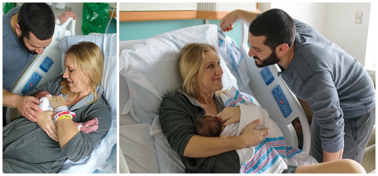 these images were taken during a fresh 48 newborn session at piedmont hospital in atlanta georgia. mom and dad are holding their newborn baby girl while laying in the hospital bed