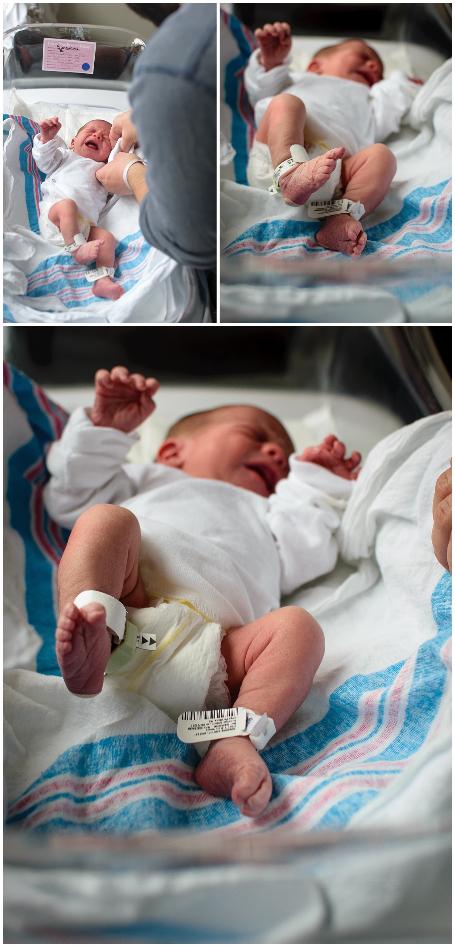 this is a collage of images of a newborn baby girl laying in the hospital bassinet. they were taken during a fresh 48 session at piedmont hospital in atlanta georgia.