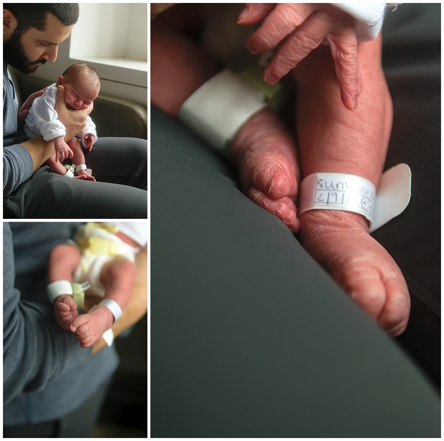 these are closeup images of a newborn baby girl during a fresh 48 session at piedmont hospital in atlanta georgia. the images are focused on the baby's feet and newborn bracelets.