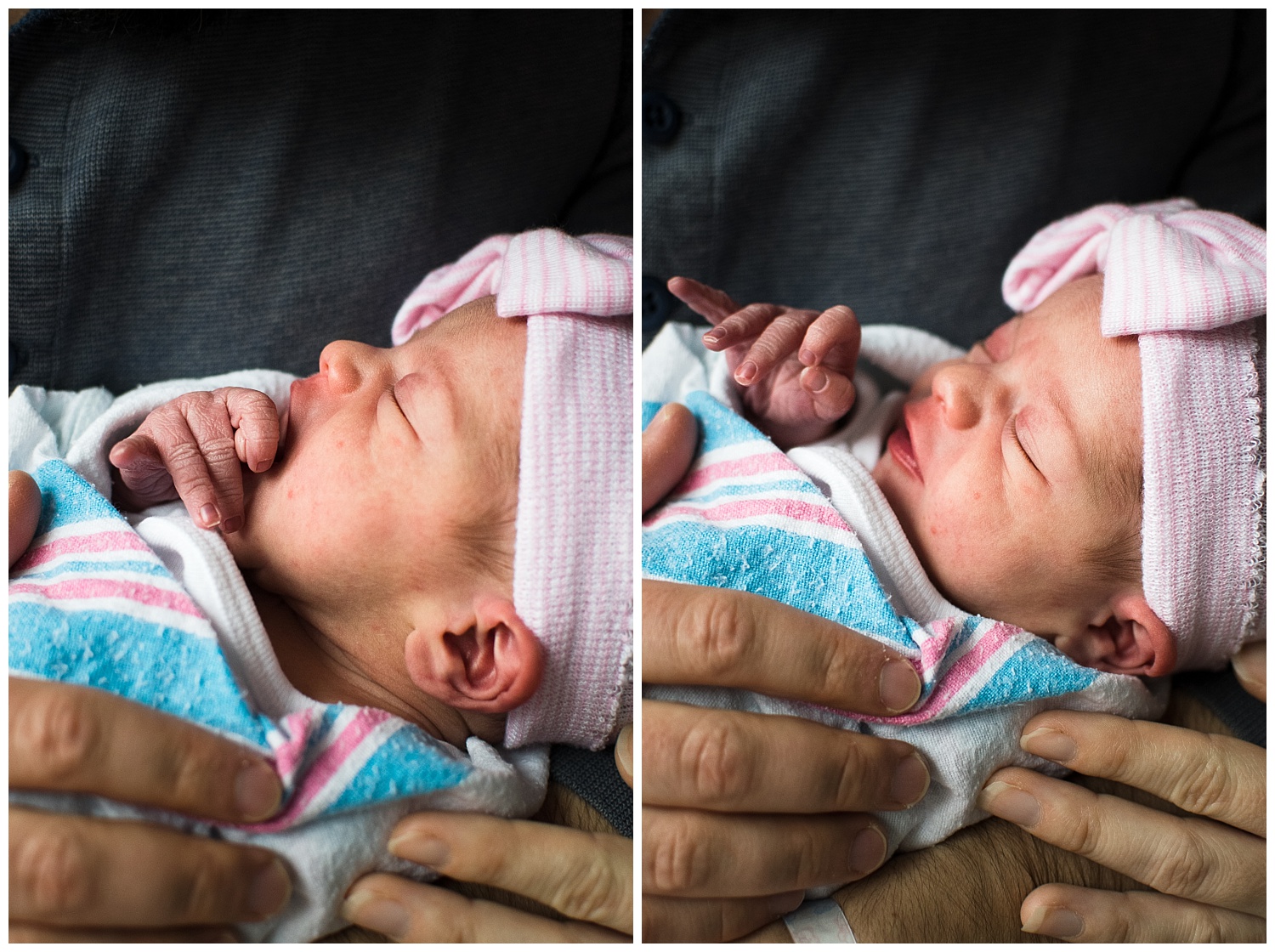 these are images of a newborn baby girl being held by her father. the newborn baby girl is wearing a hospital hat and she is wrapped in a hospital blanket during a fresh 48 session in atlanta.