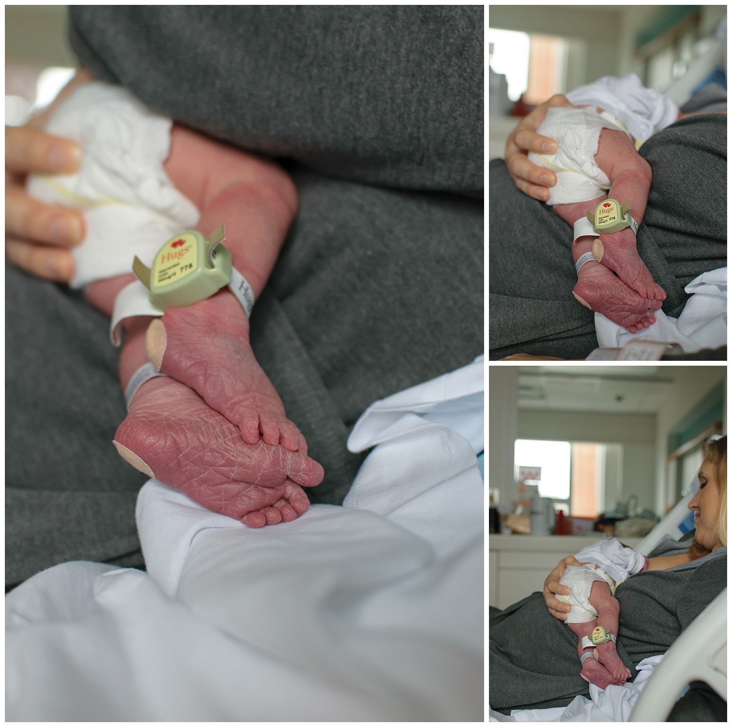 these are images of a newborn baby girl being nursed by her mother while her mother is laying in a hospital bed during a fresh 48 session in atlanta georgia.