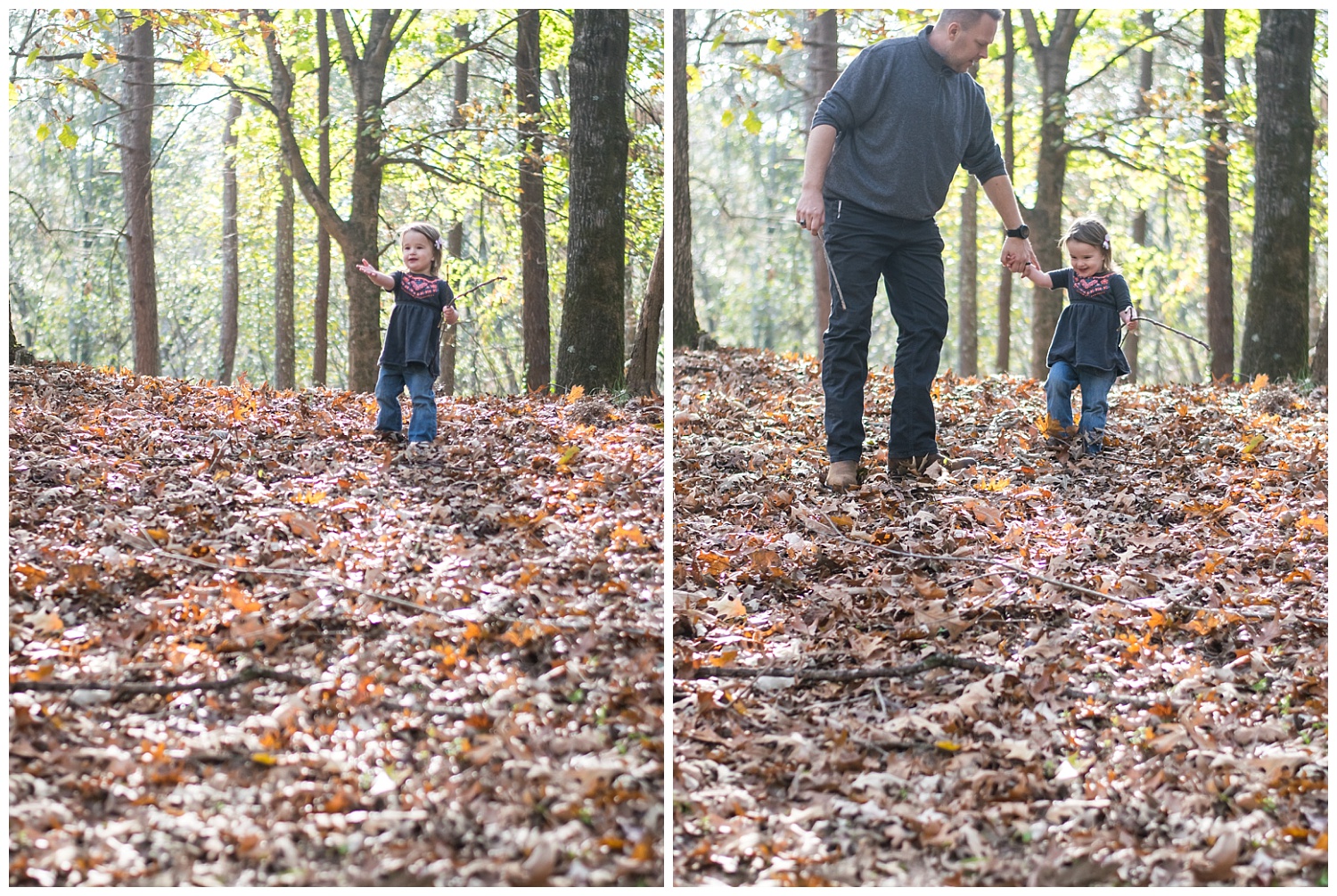 these are side by side images of a young girl reaching out her hand to ask for help walking down a hill of leaves. the images were taken during a lifestyle family session in decatur georgia