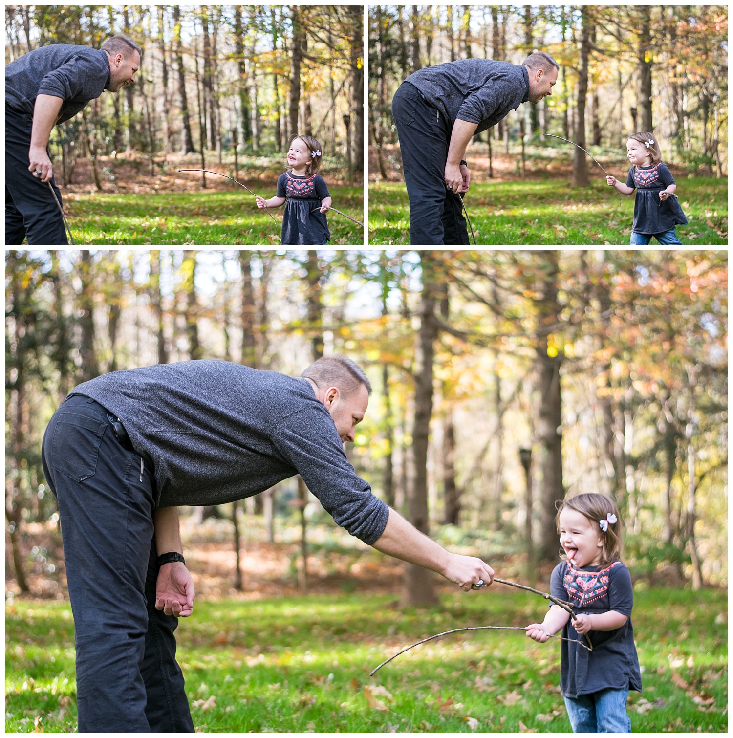 these are images of a dad and his toddler daughter playing with sticks at hahn woods in decatur georgia.