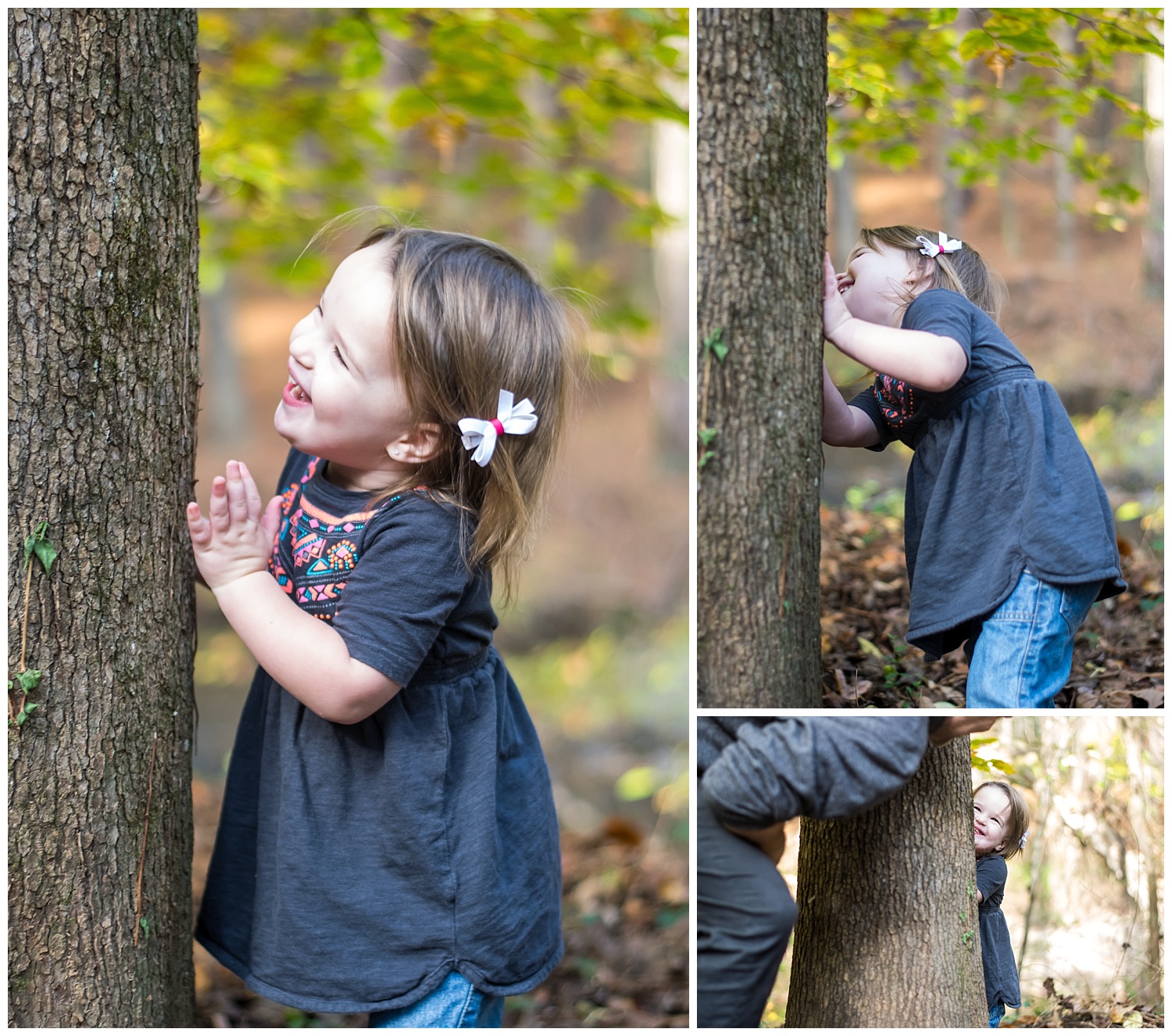 these are images of a dad and his daughter playing hide and seek behind a tree at hahn woods in decatur during a lifestyle family session.