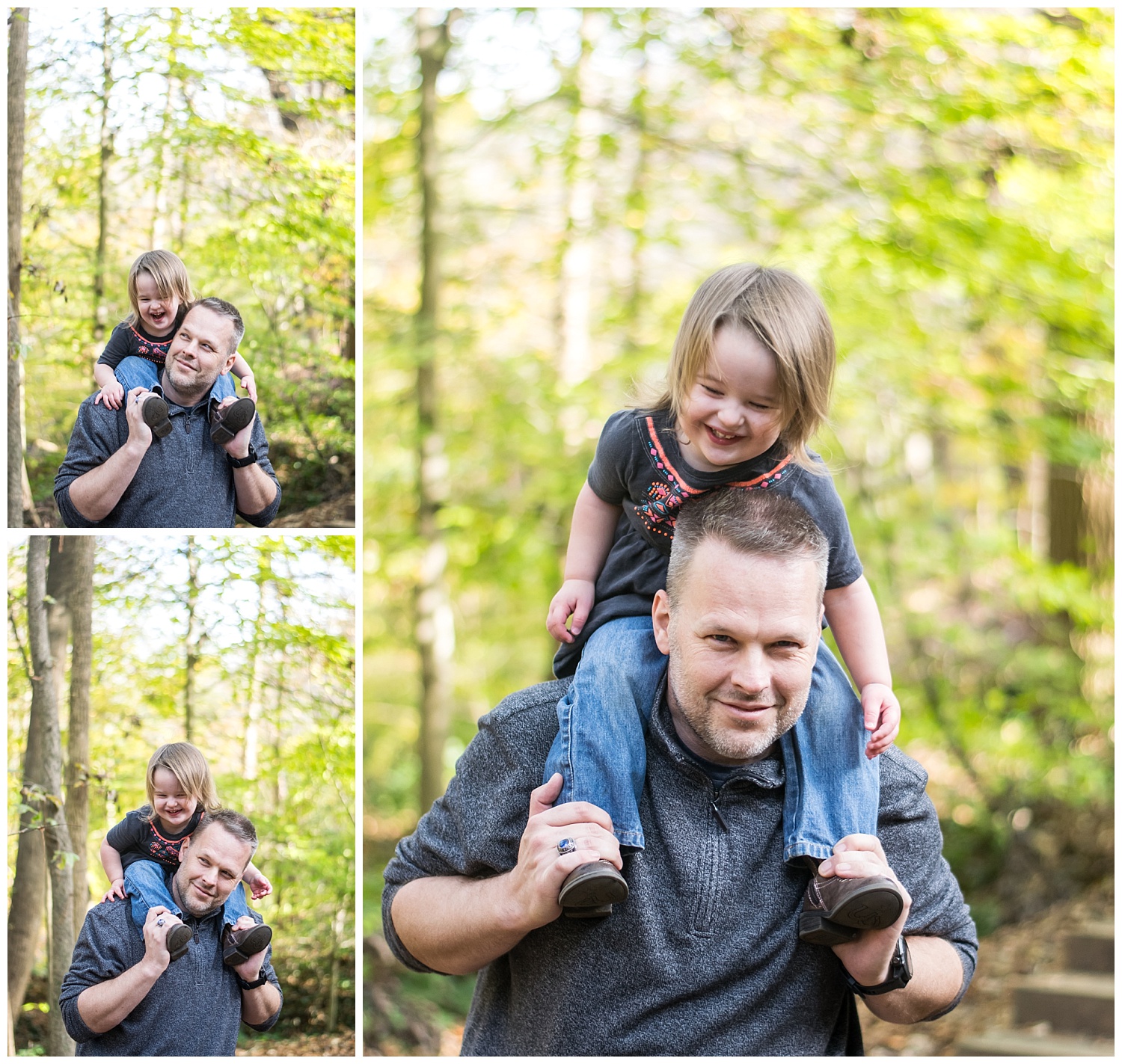 these are images of a dad giving his toddler girl a piggy back ride outside at hahn woods in decatur georgia.