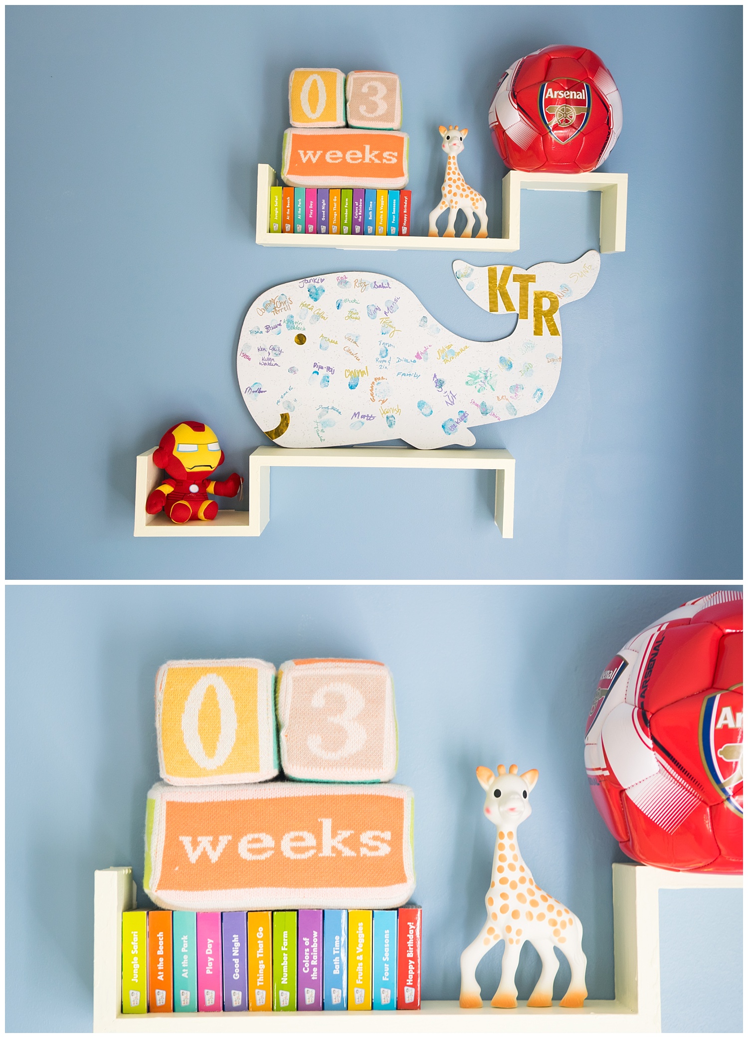 these are close up images of a newborn baby boy's nursery details during an in home lifestyle newborn session in decatur georgia