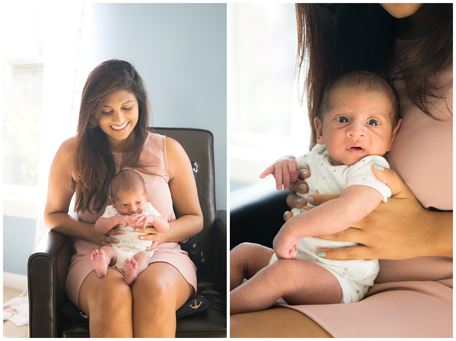 these are images of a newborn baby boy sitting on his mom's lap in the baby's nursery. the images were taken during an in home lifestyle newborn shoot in decatur georgia.