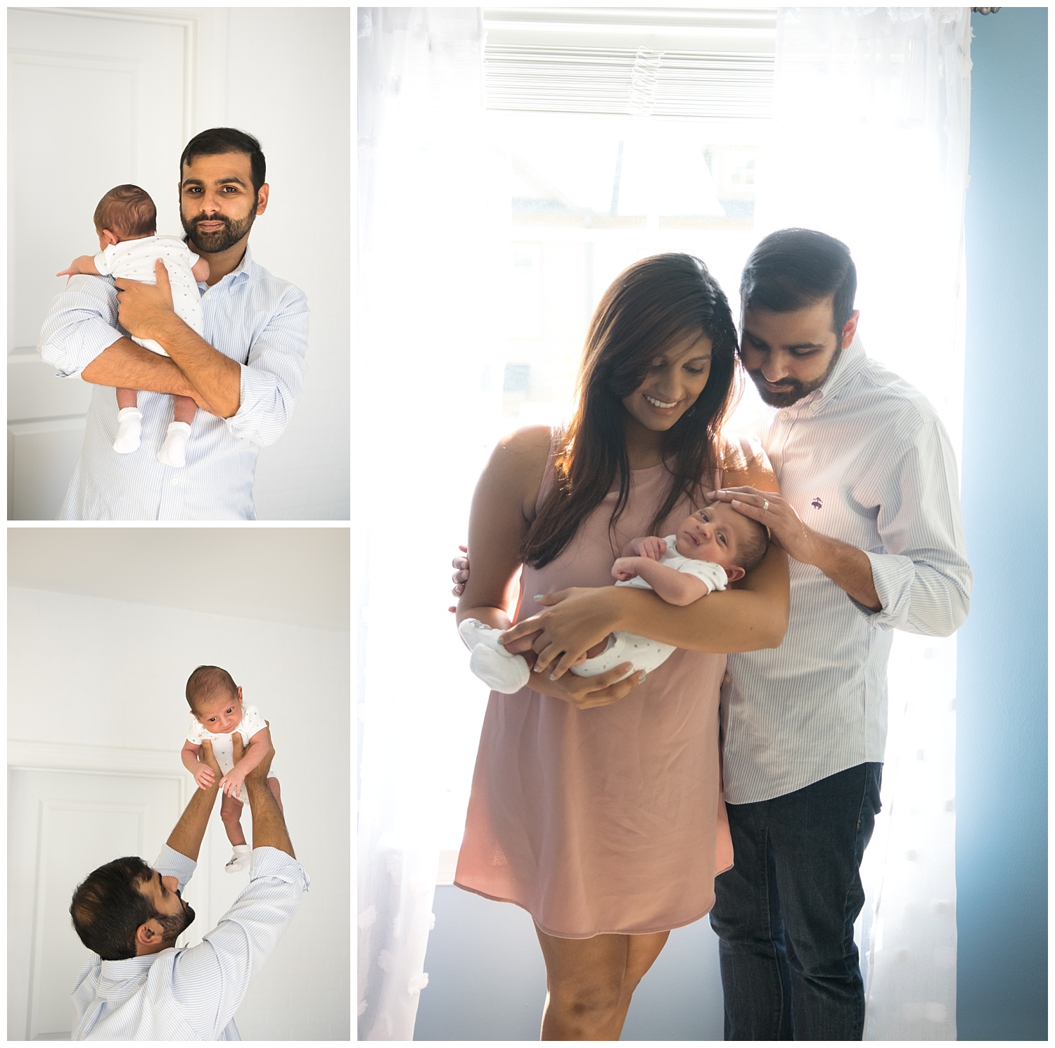 these are images of a mom and dad holding their newborn baby boy in the baby boy's nursery. dad is holding the baby and holding him up. 