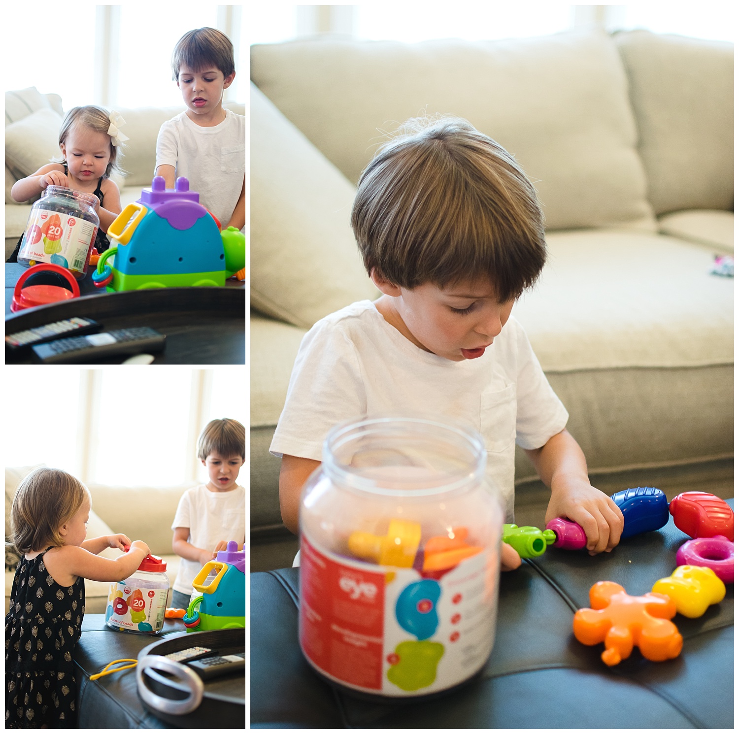 this is an image of a young boy and girl playing with toys during an in home documentary lifestyle sunday funday family session in decatur georgia