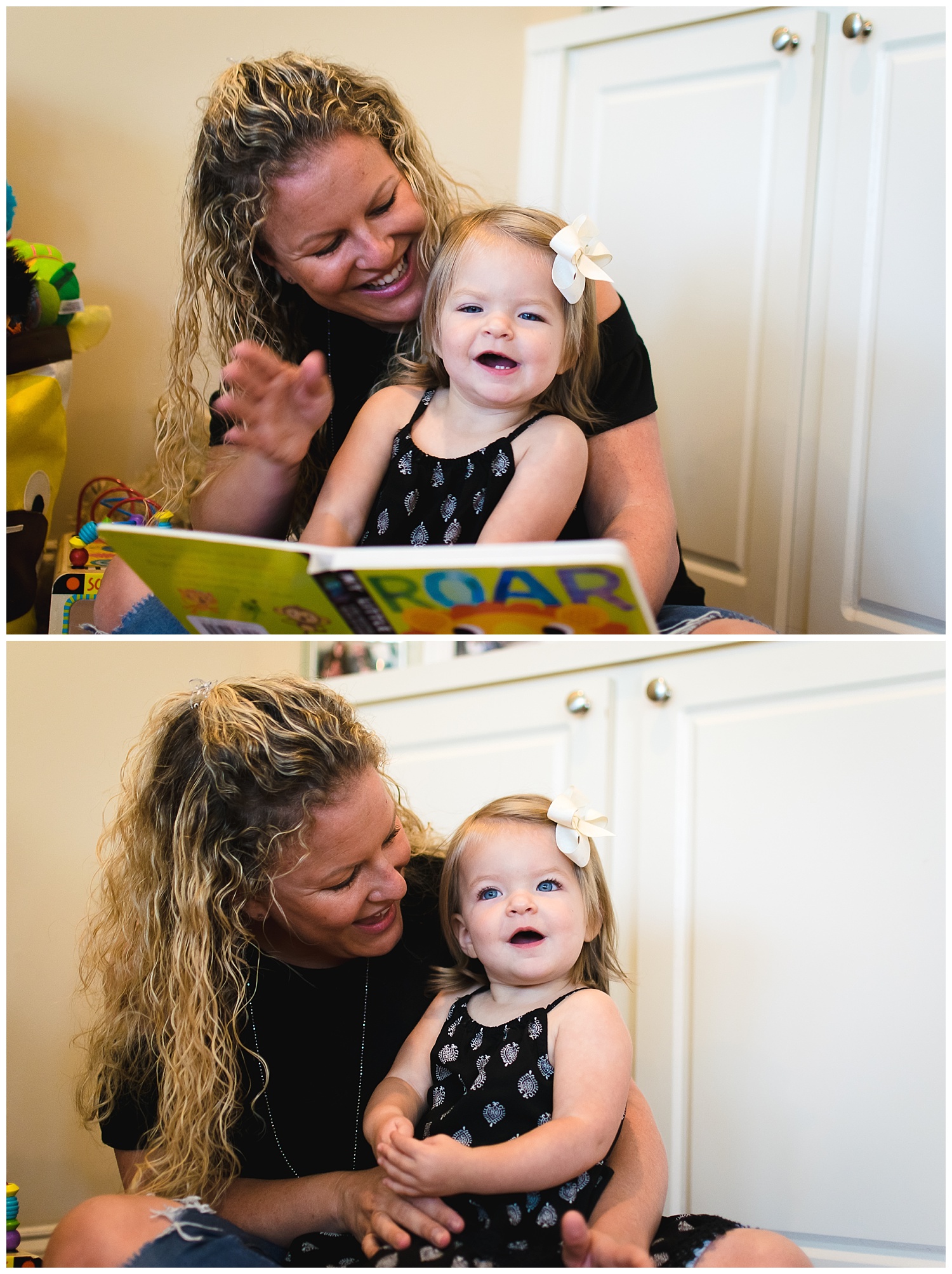 these are images of a mother reading a book to her young daughter during an in home documentary lifestyle family session in decatur georgia