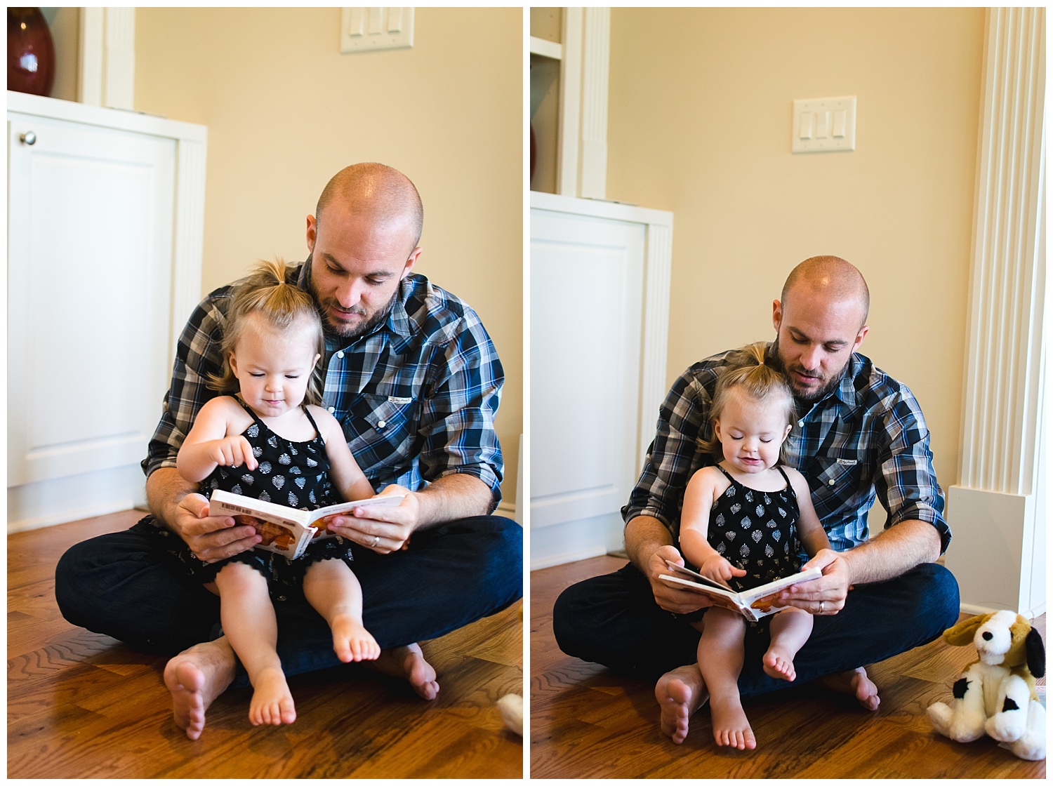 these are images of a father reading a book with his young daughter during an in home lifestyle family session.