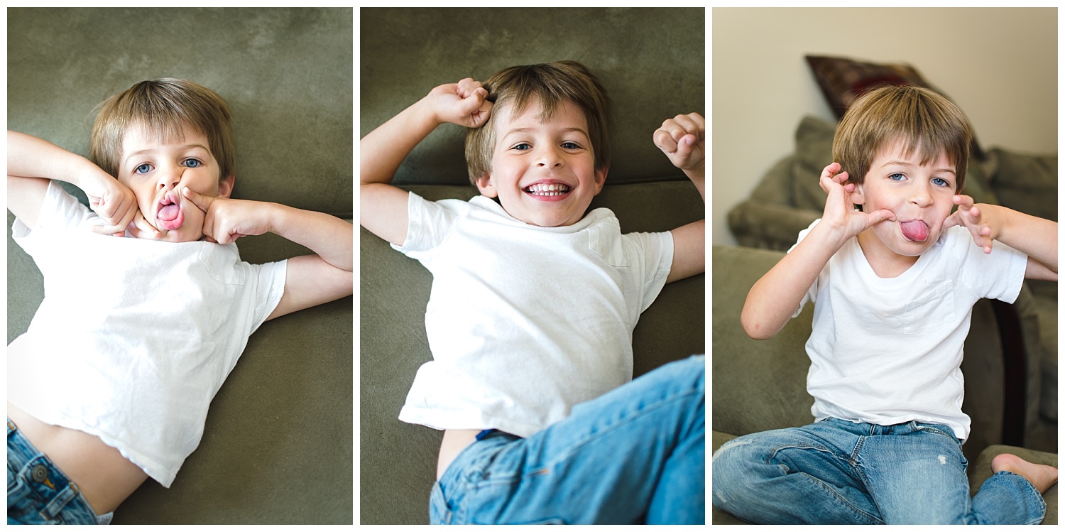 these are side by side images of a young boy making silly faces and looking at the camera. these were taken during an in home documentary lifestyle family session in decatur georgia