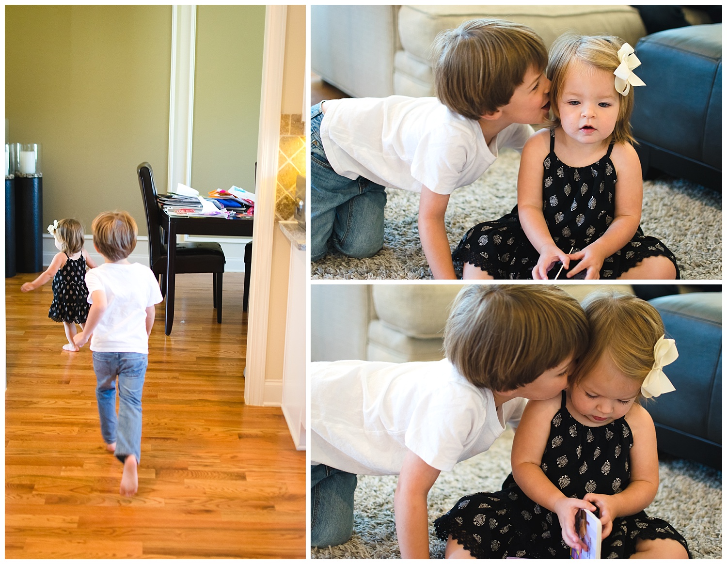 these are images of a young brother and sister playing together during a documentary in home sunday funday family session in decatur georgia