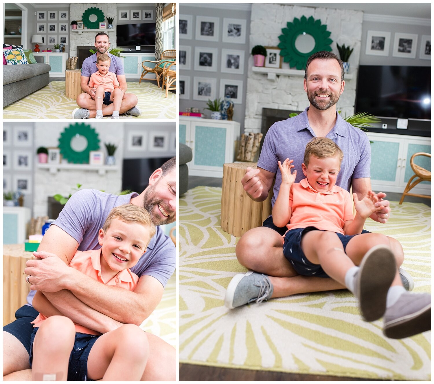  dad sitting on the floor while he tickles young son at an in home photo shoot in washington dc 